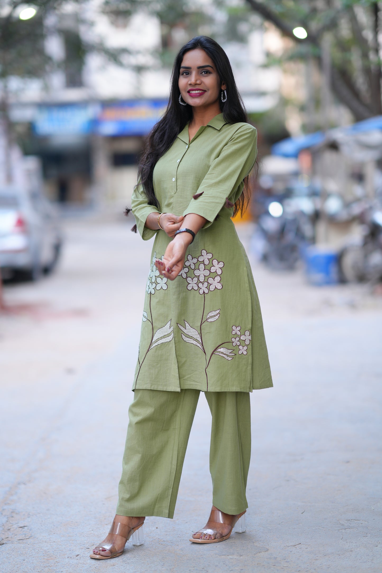 Mehendi Green Color Jaipur Cotton Office Wear Coord Set With Embroidery Work