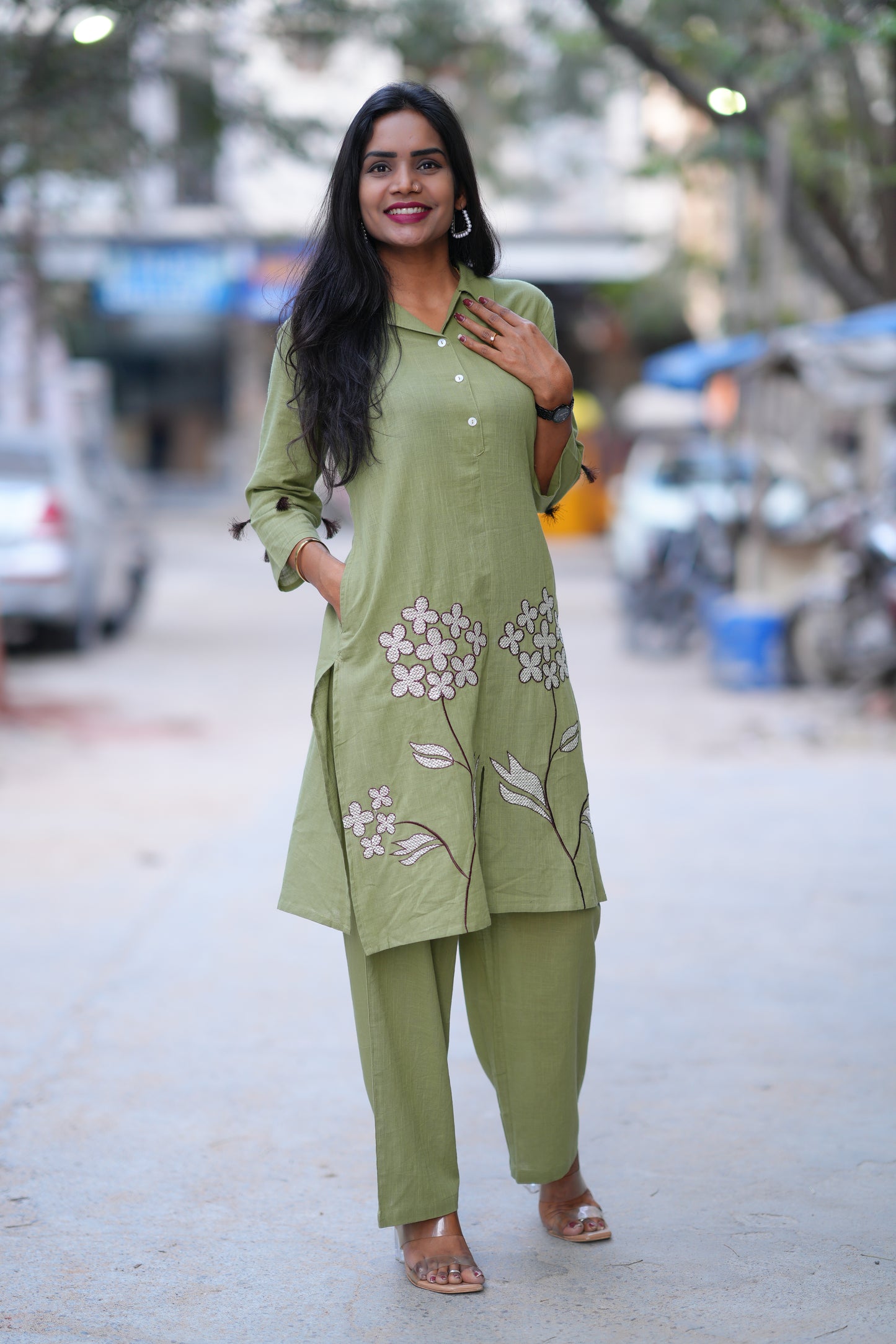 Mehendi Green Color Jaipur Cotton Office Wear Coord Set With Embroidery Work