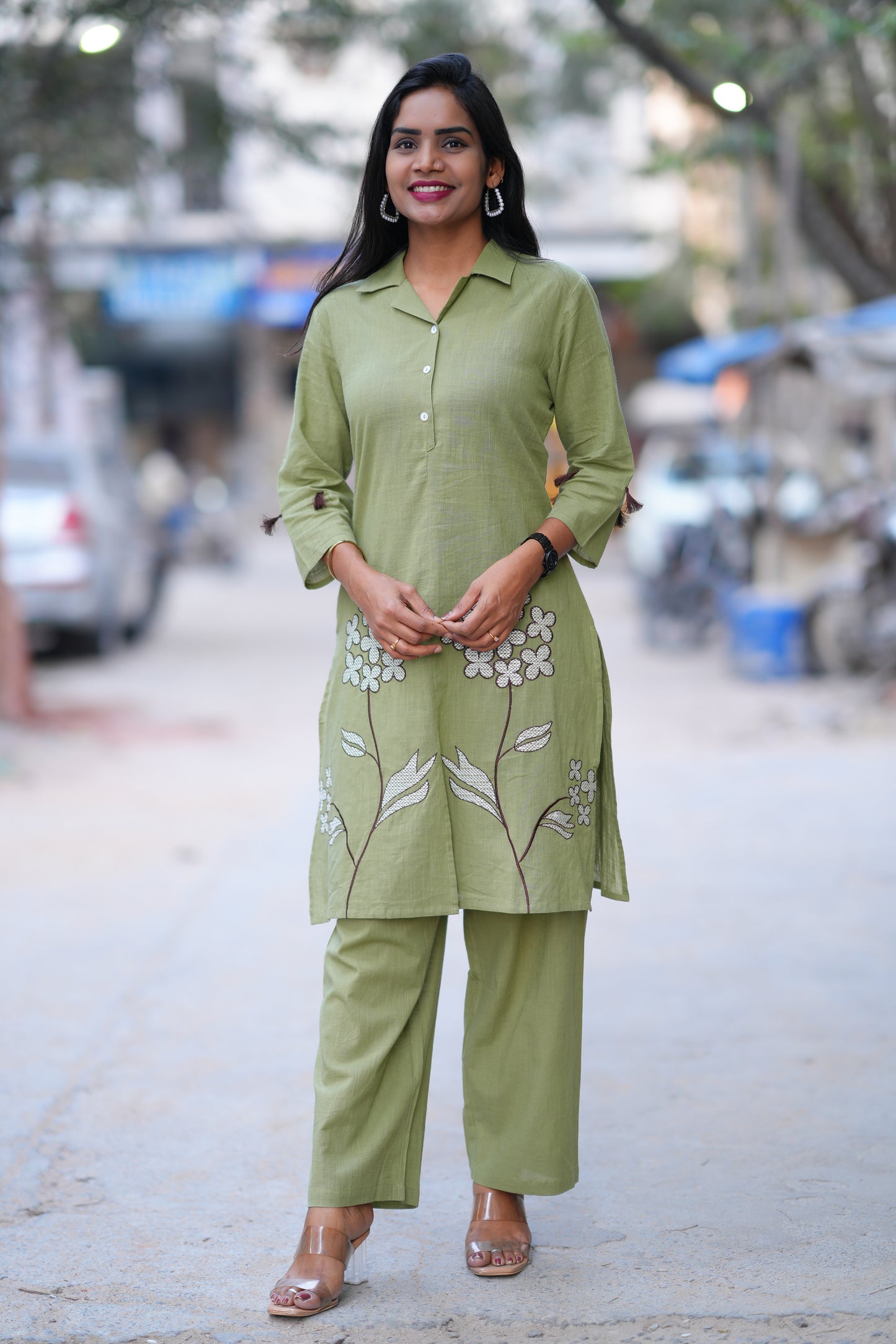 Mehendi Green Color Jaipur Cotton Office Wear Coord Set With Embroidery Work