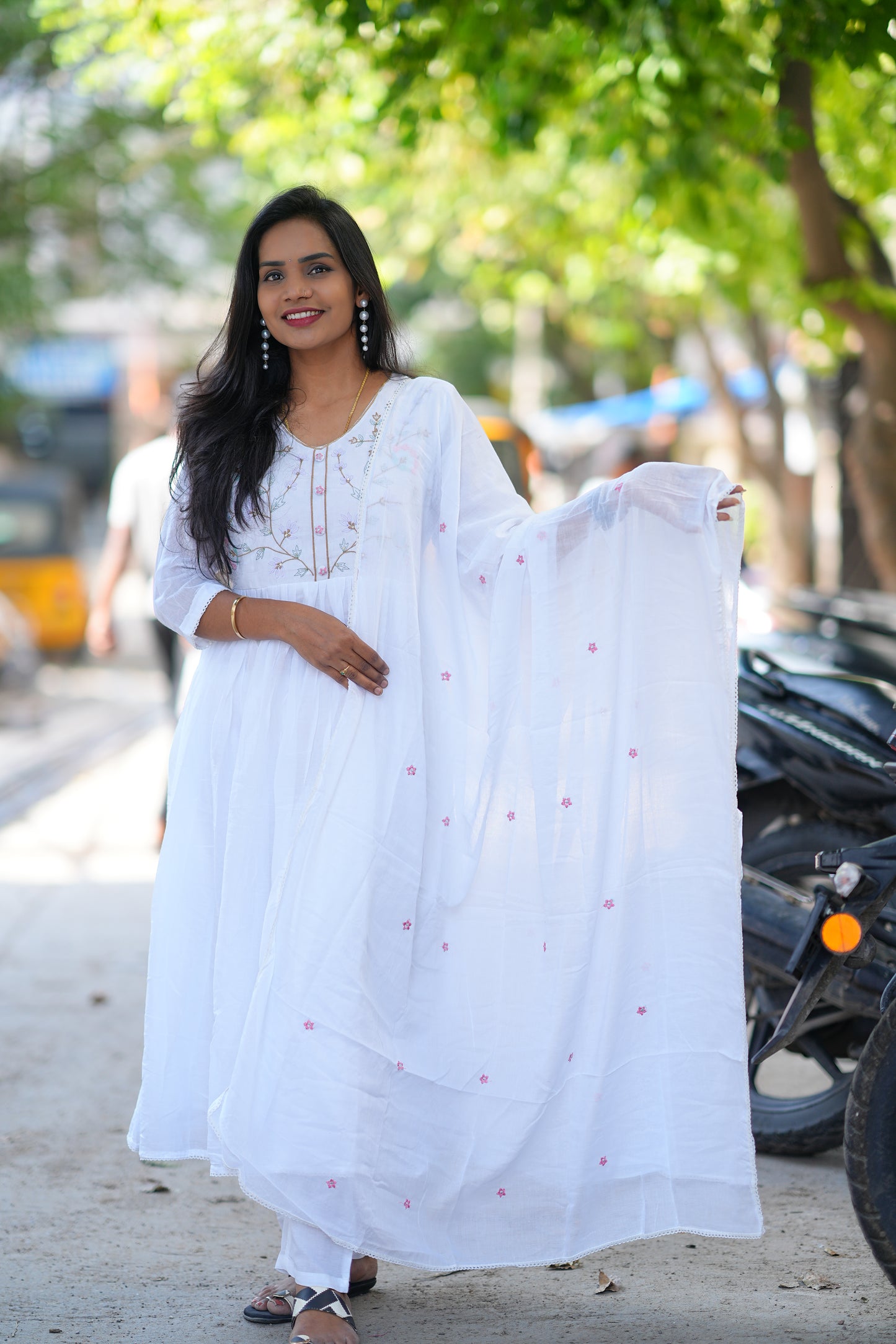 White Color Pure Mul Mul Cotton Anarkali 3 Piece Set With Embriodary Work and Complete Lining