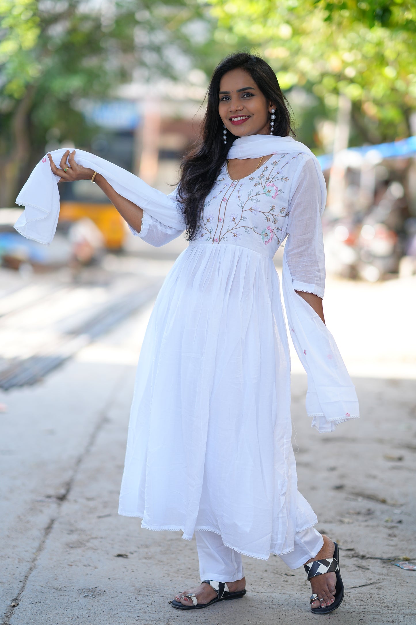 White Color Pure Mul Mul Cotton Anarkali 3 Piece Set With Embriodary Work and Complete Lining
