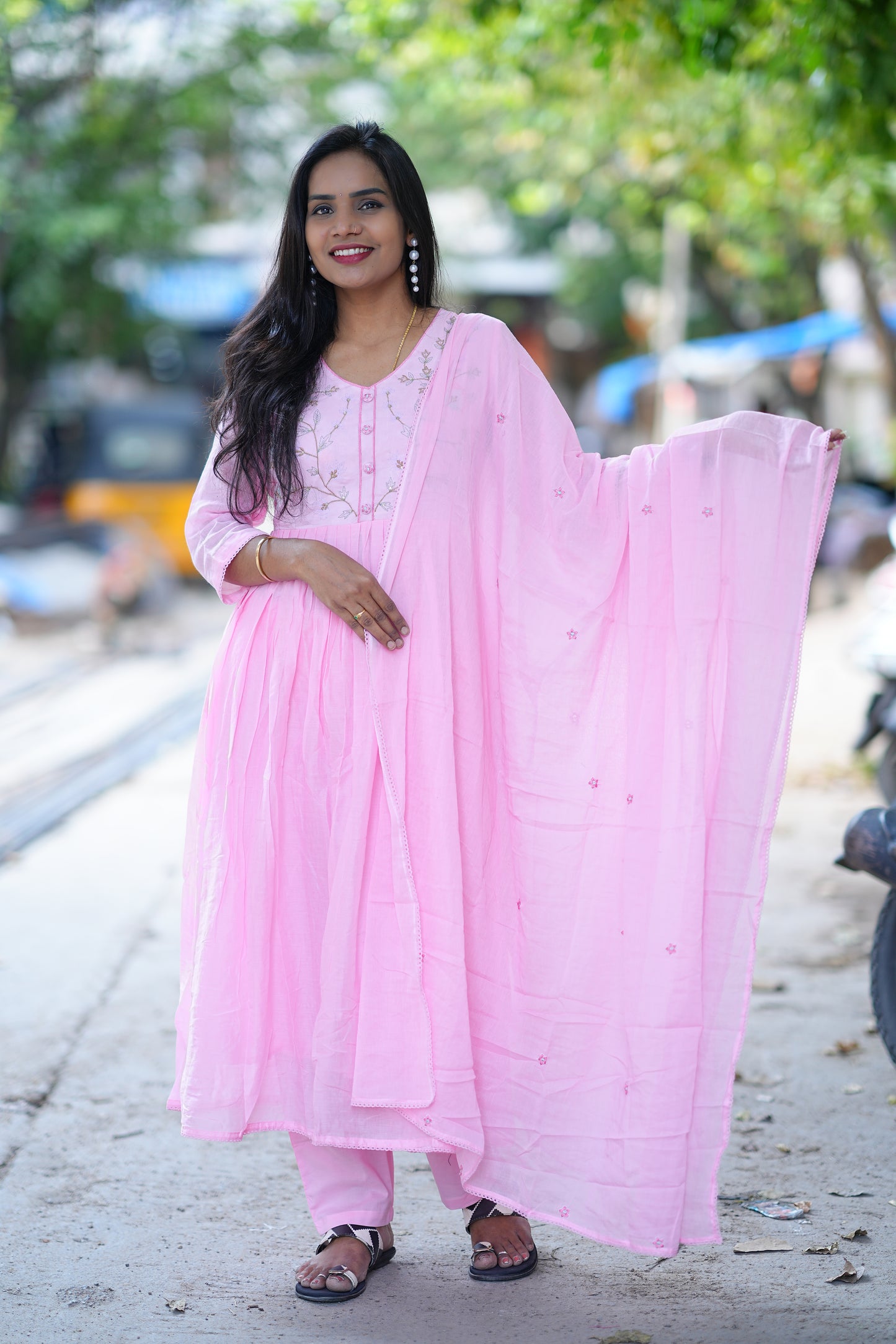 Pink Color Pure Mulmul Anarkali 3 Piece Set With Thread Embroidery and Complete Lining