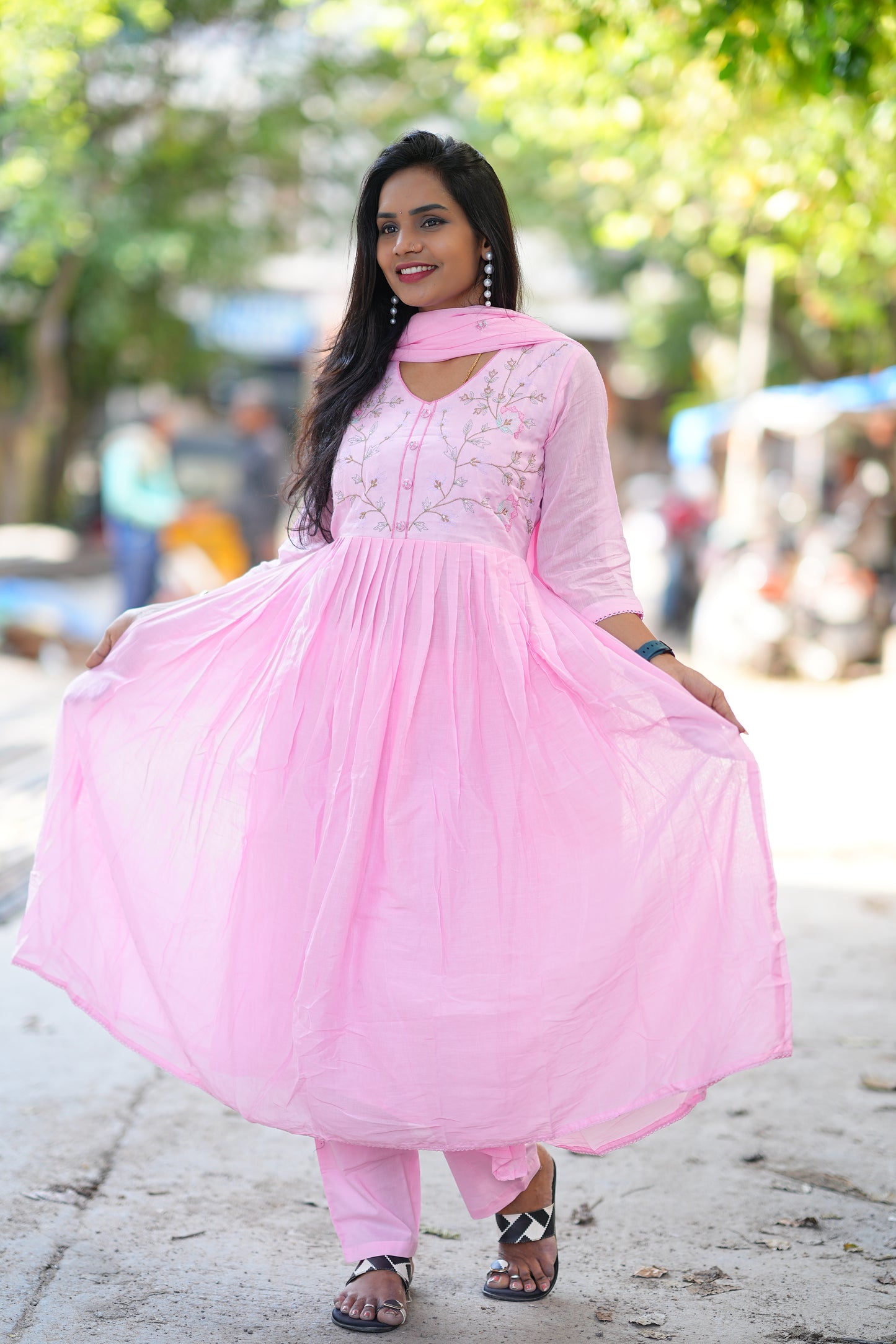 Pink Color Pure Mulmul Anarkali 3 Piece Set With Thread Embroidery and Complete Lining