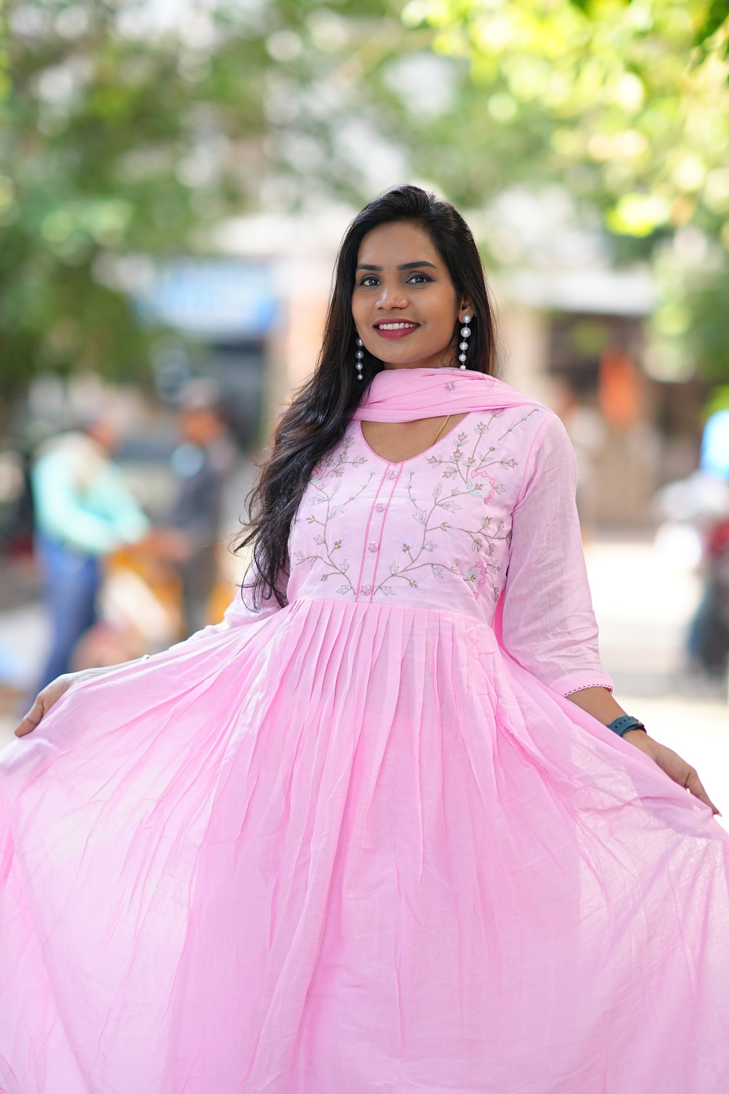 Pink Color Pure Mulmul Anarkali 3 Piece Set With Thread Embroidery and Complete Lining