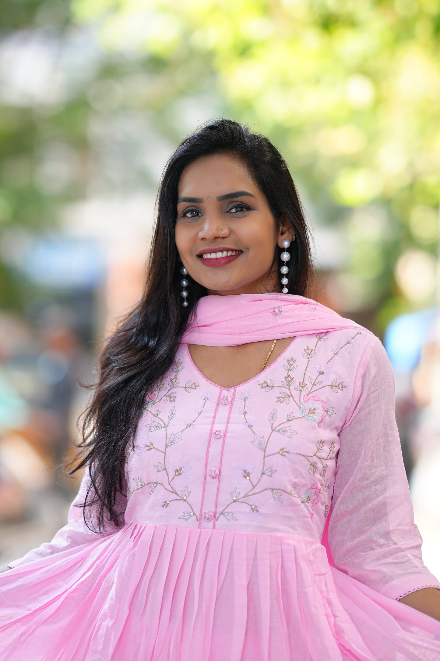 Pink Color Pure Mulmul Anarkali 3 Piece Set With Thread Embroidery and Complete Lining