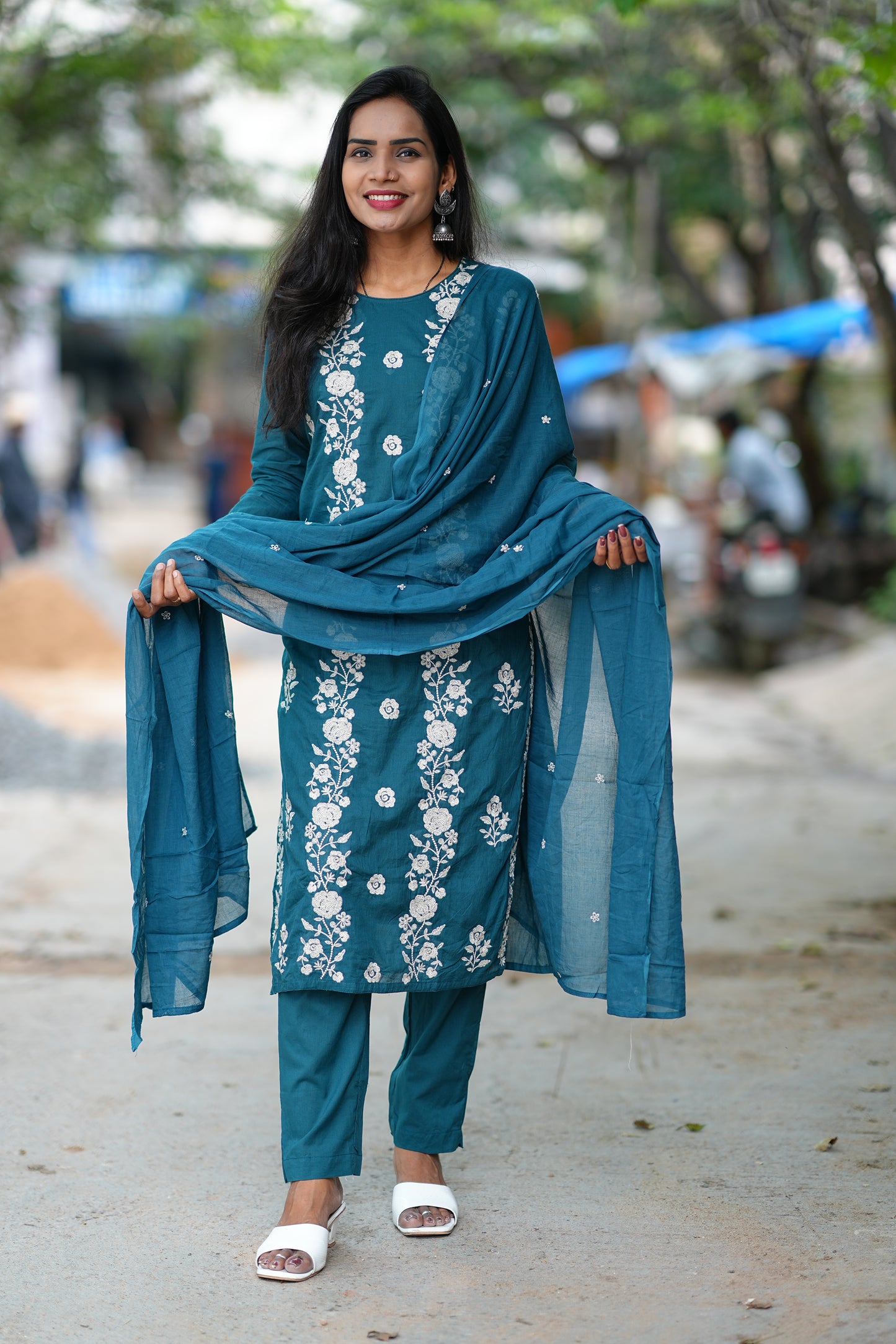 Russian Gree Color Mul Cotton 3 Piece Set With Full Thread Work