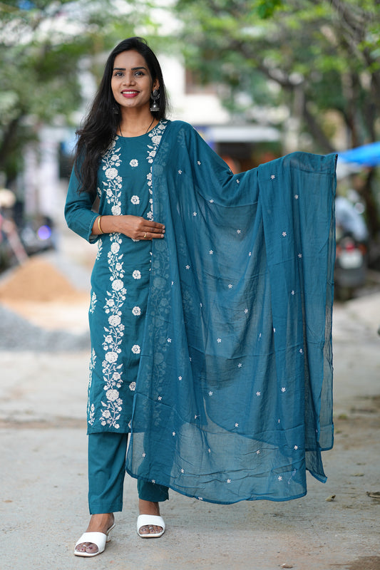 Russian Gree Color Mul Cotton 3 Piece Set With Full Thread Work