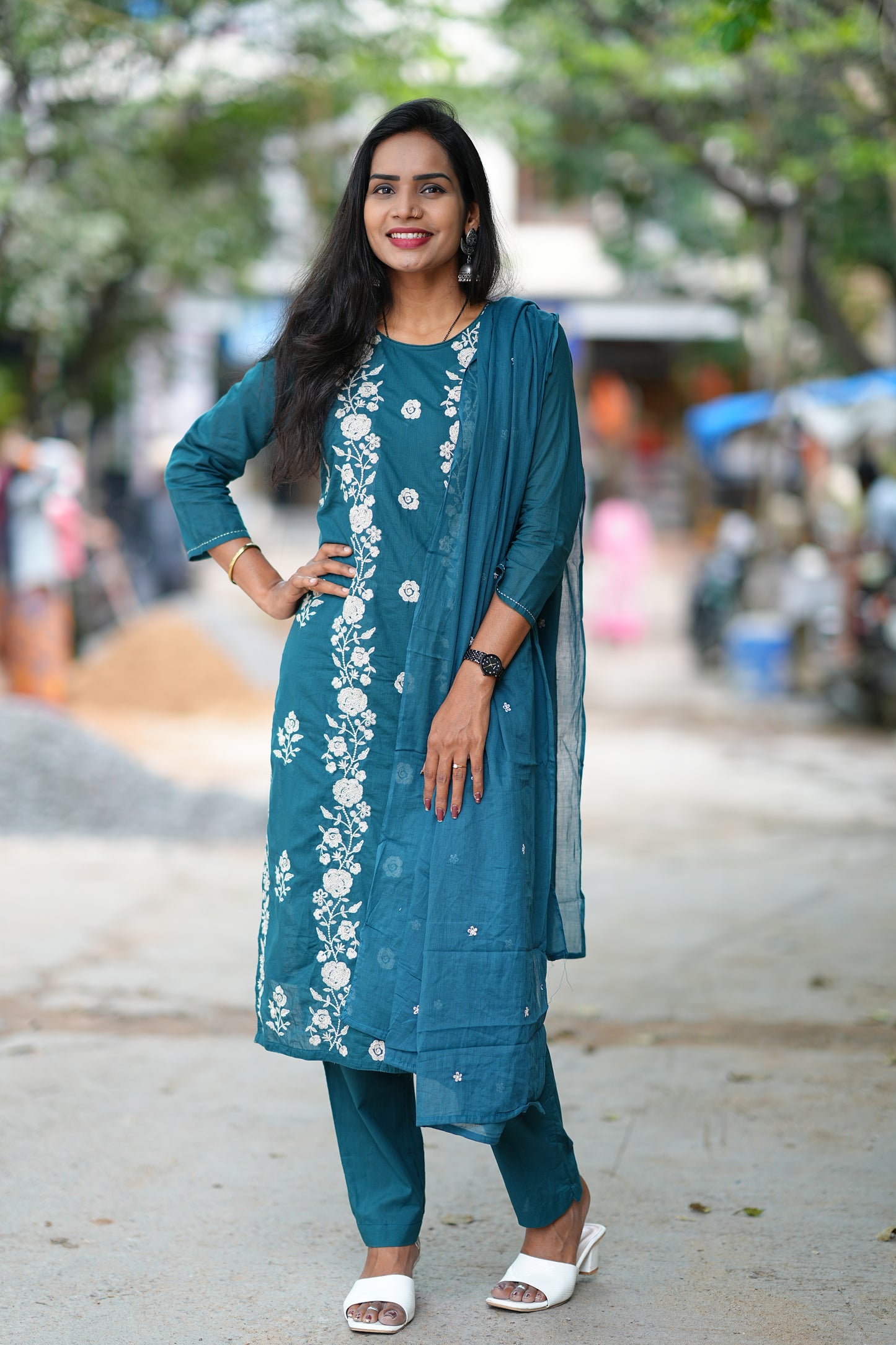 Russian Gree Color Mul Cotton 3 Piece Set With Full Thread Work