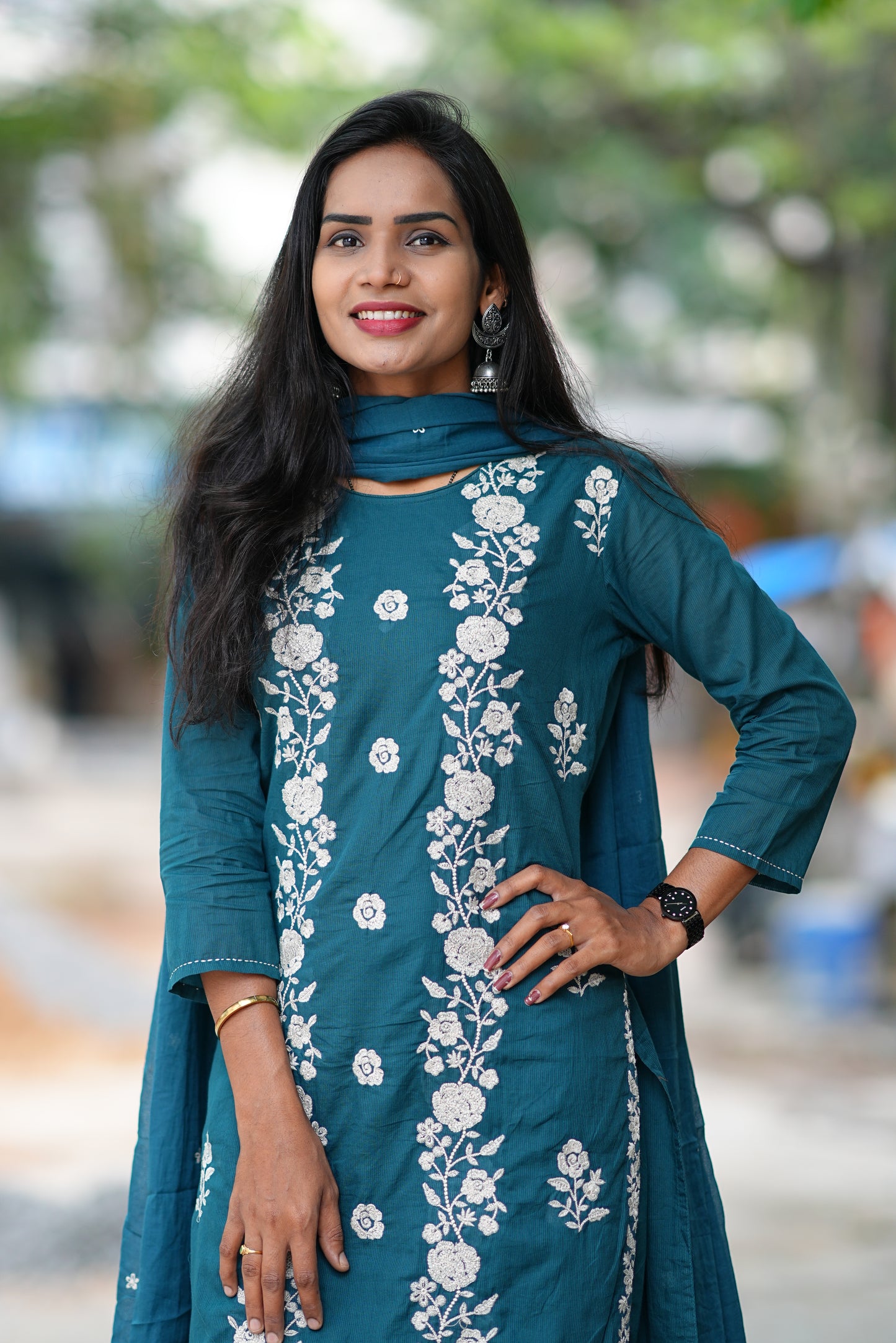 Russian Gree Color Mul Cotton 3 Piece Set With Full Thread Work