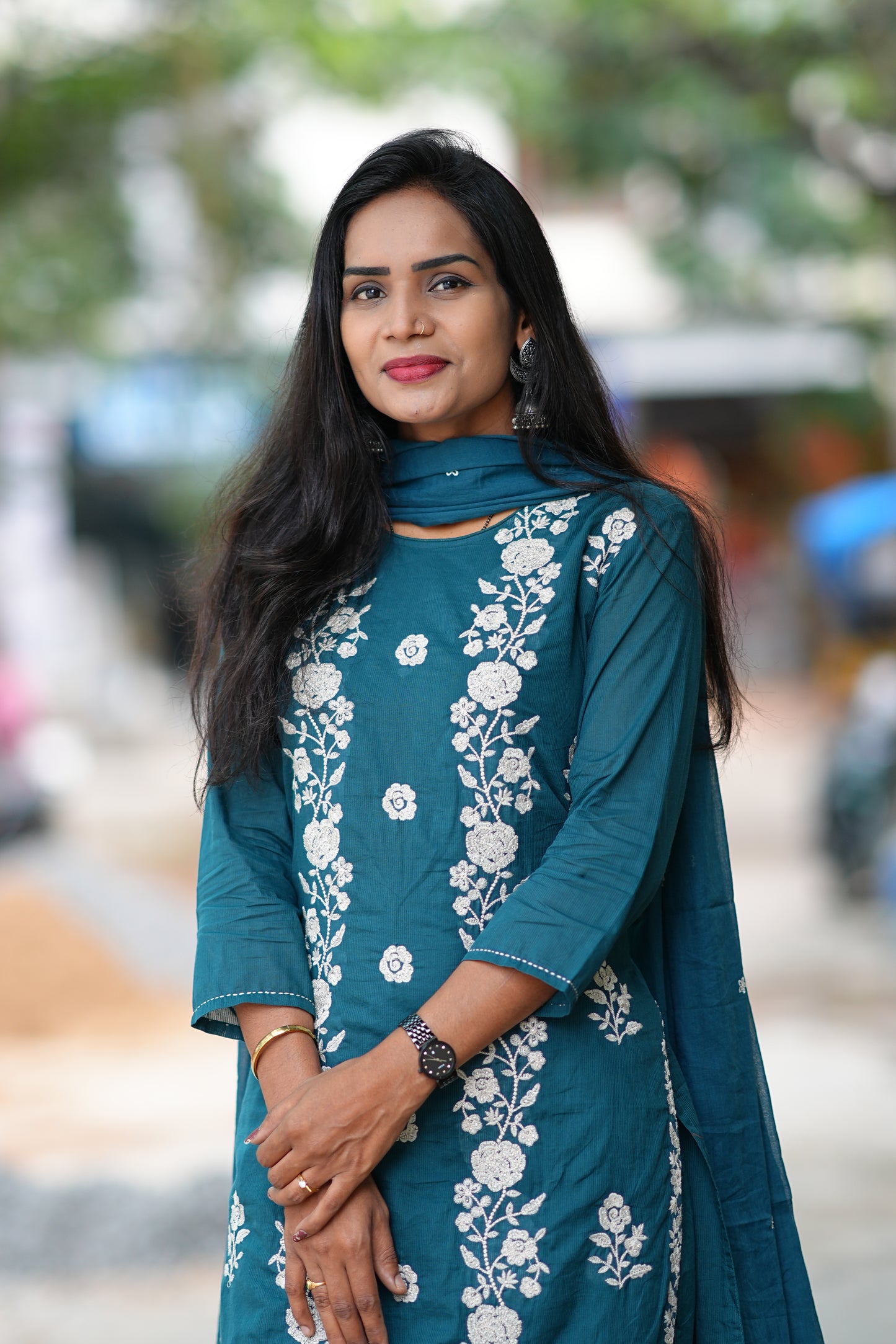 Russian Gree Color Mul Cotton 3 Piece Set With Full Thread Work