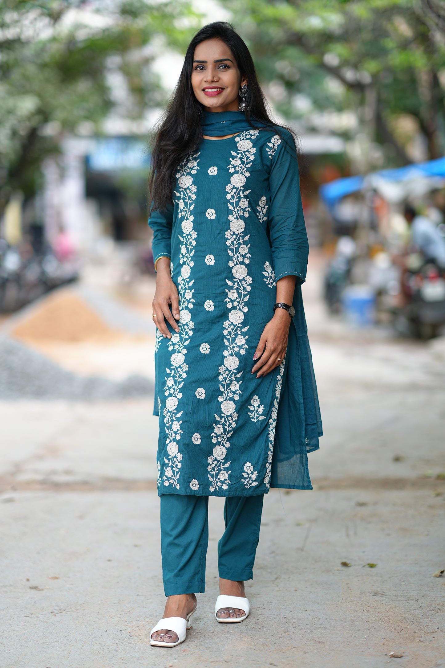 Russian Gree Color Mul Cotton 3 Piece Set With Full Thread Work