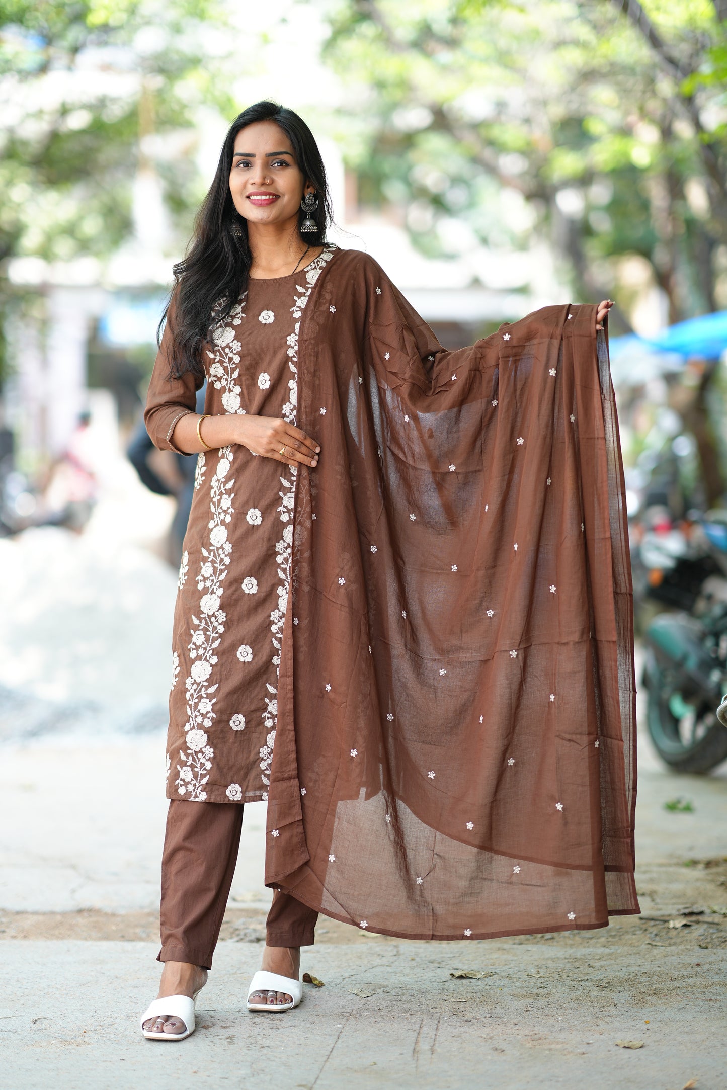 Brown Color Mul Cotton 3 Piece Set With Full Thread Work