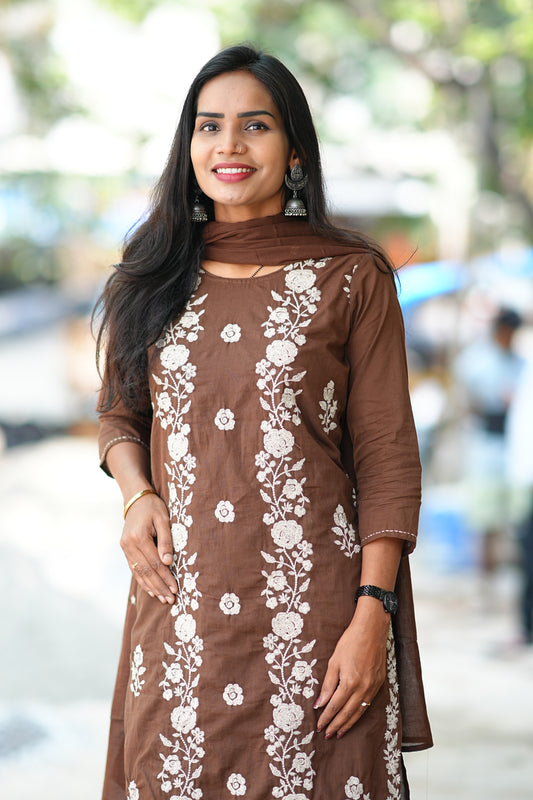 Brown Color Mul Cotton 3 Piece Set With Full Thread Work