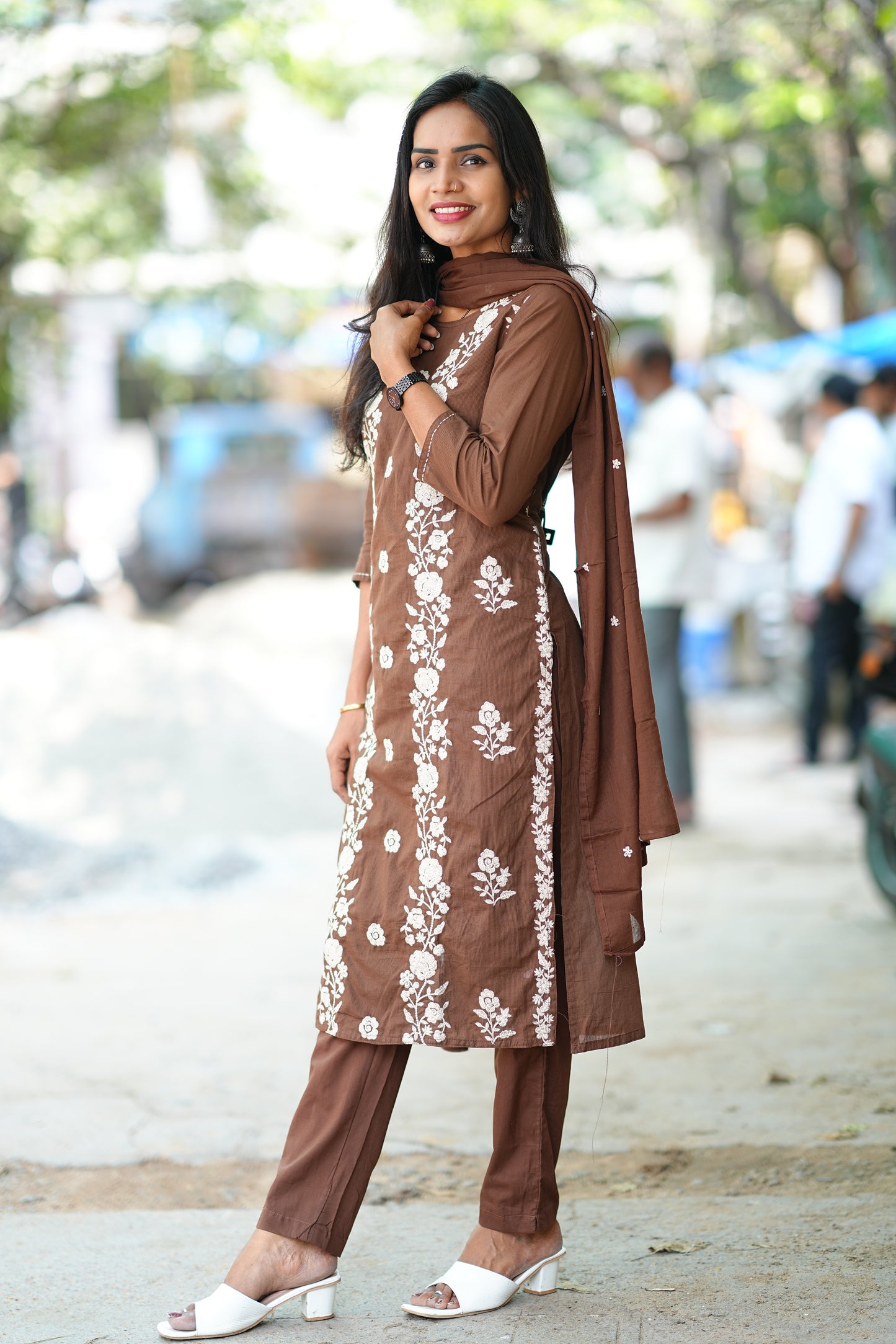 Brown Color Mul Cotton 3 Piece Set With Full Thread Work