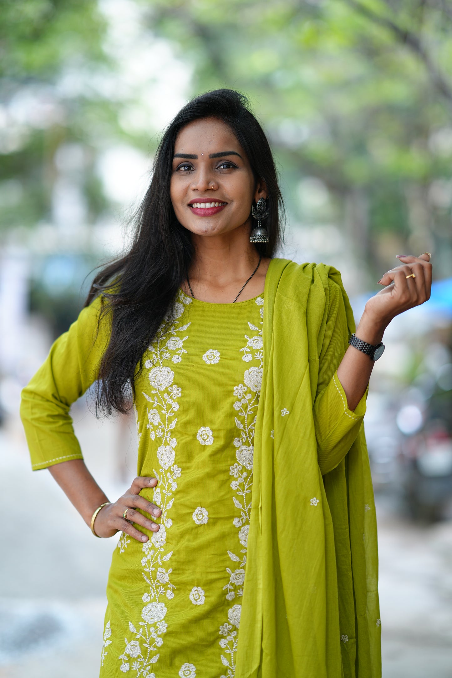 Mehendhi Green Mul Cotton 3 Piece Set With Full Thread Work