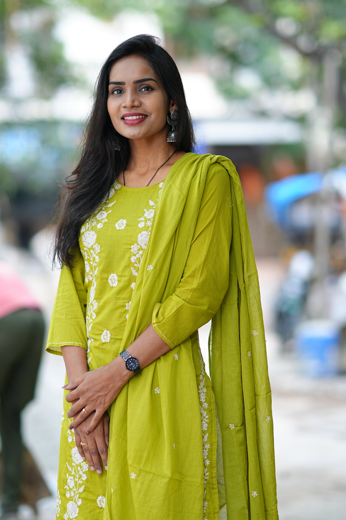 Mehendhi Green Mul Cotton 3 Piece Set With Full Thread Work