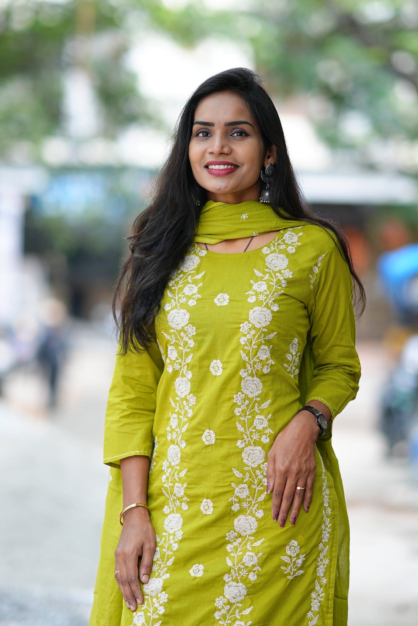 Mehendhi Green Mul Cotton 3 Piece Set With Full Thread Work