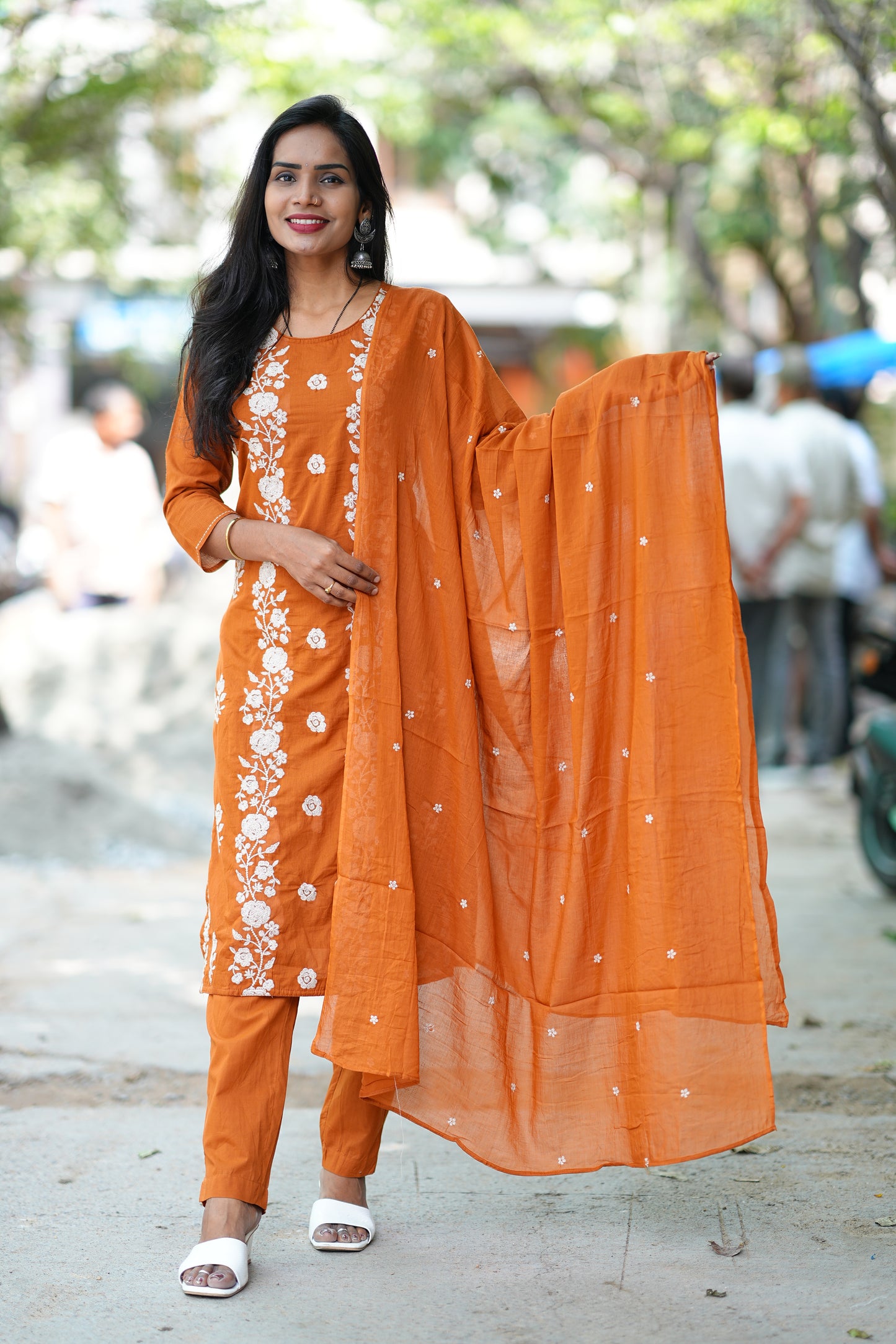 Rust Orange Mul Cotton 3 Piece Set With Full Thread Work