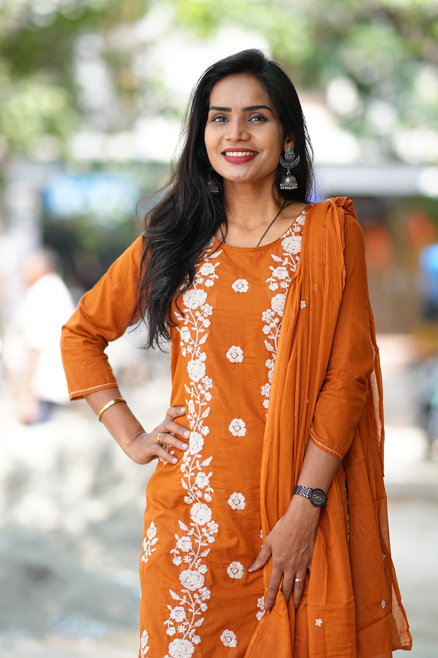 Rust Orange Mul Cotton 3 Piece Set With Full Thread Work
