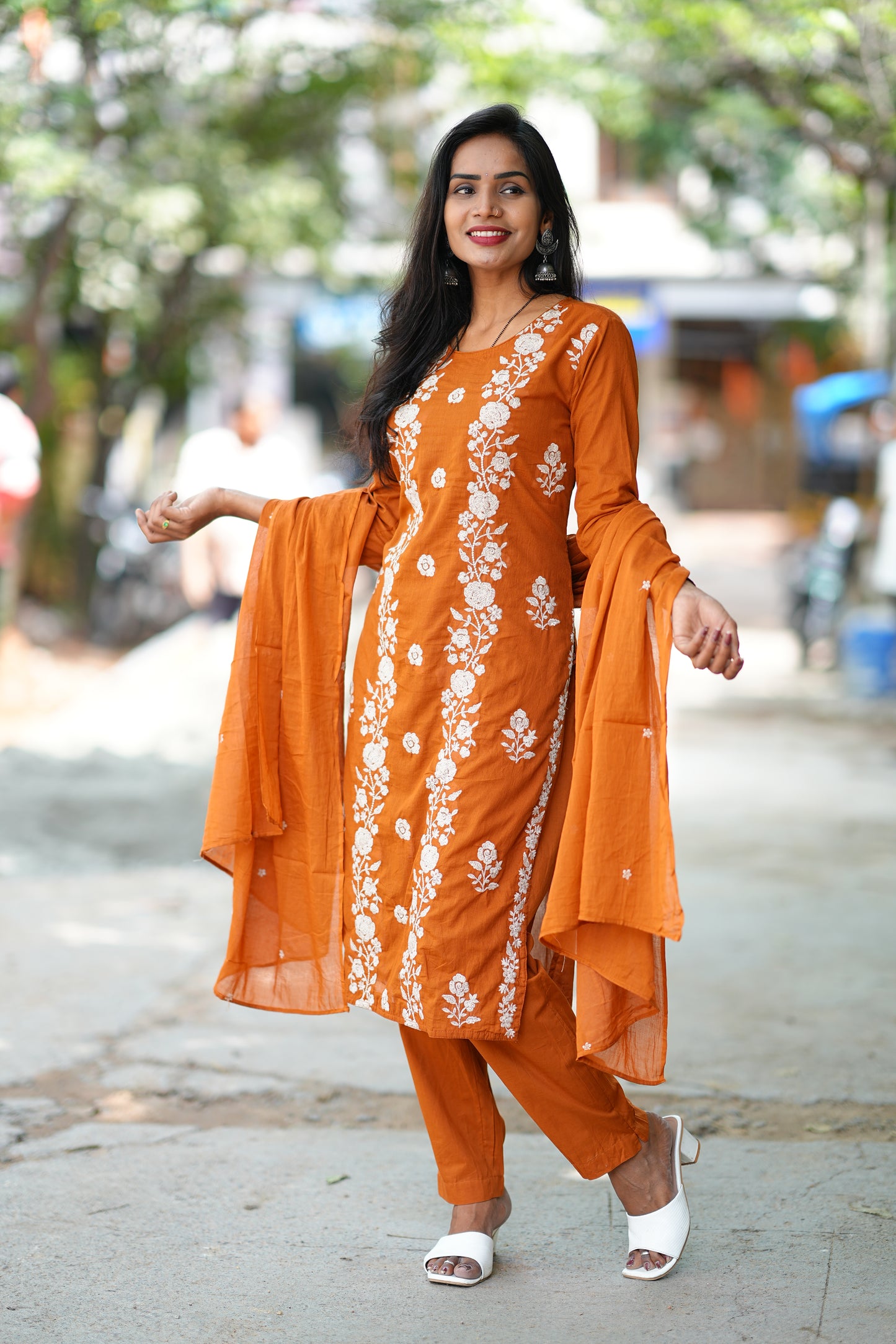 Rust Orange Mul Cotton 3 Piece Set With Full Thread Work