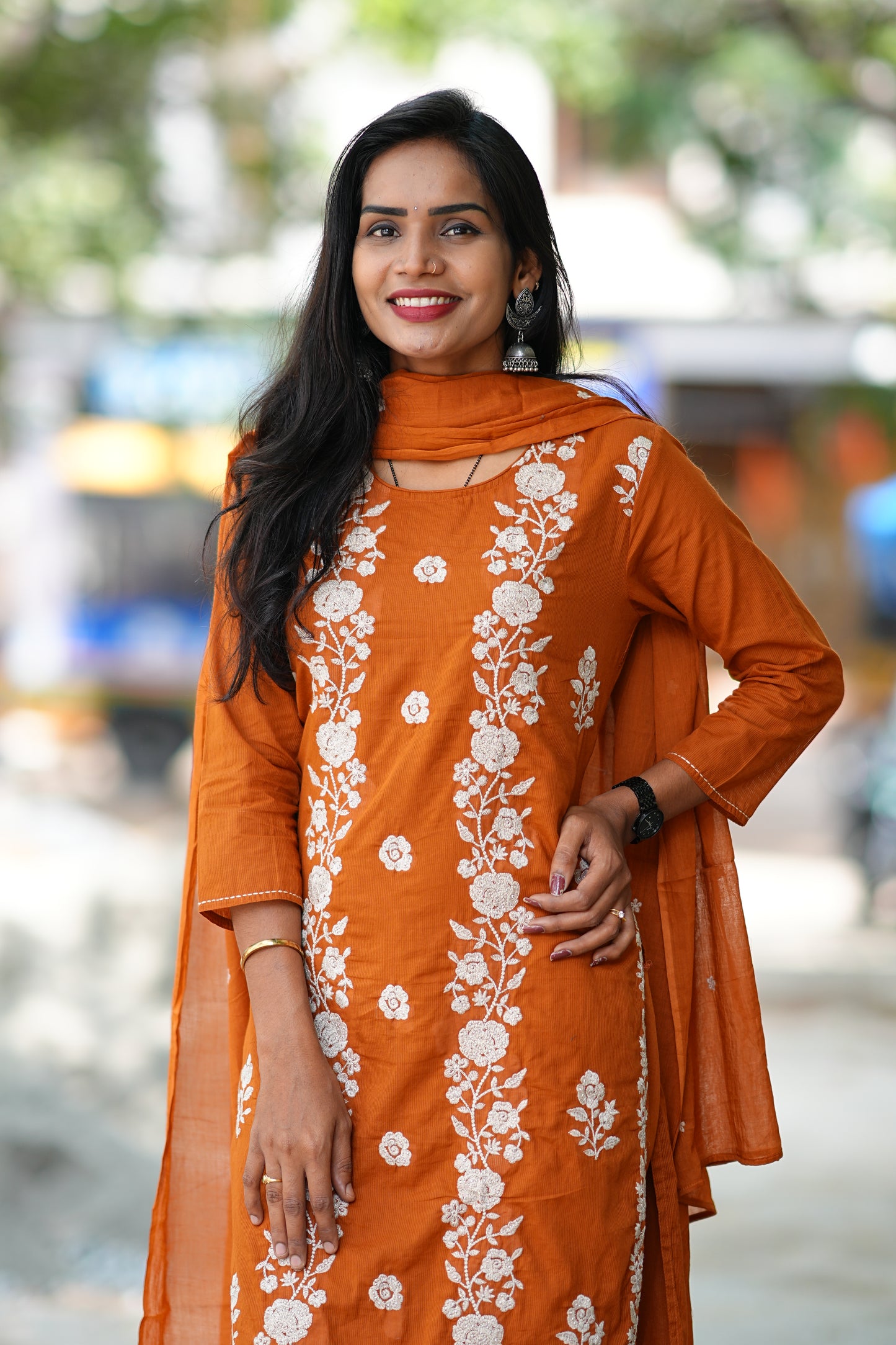 Rust Orange Mul Cotton 3 Piece Set With Full Thread Work