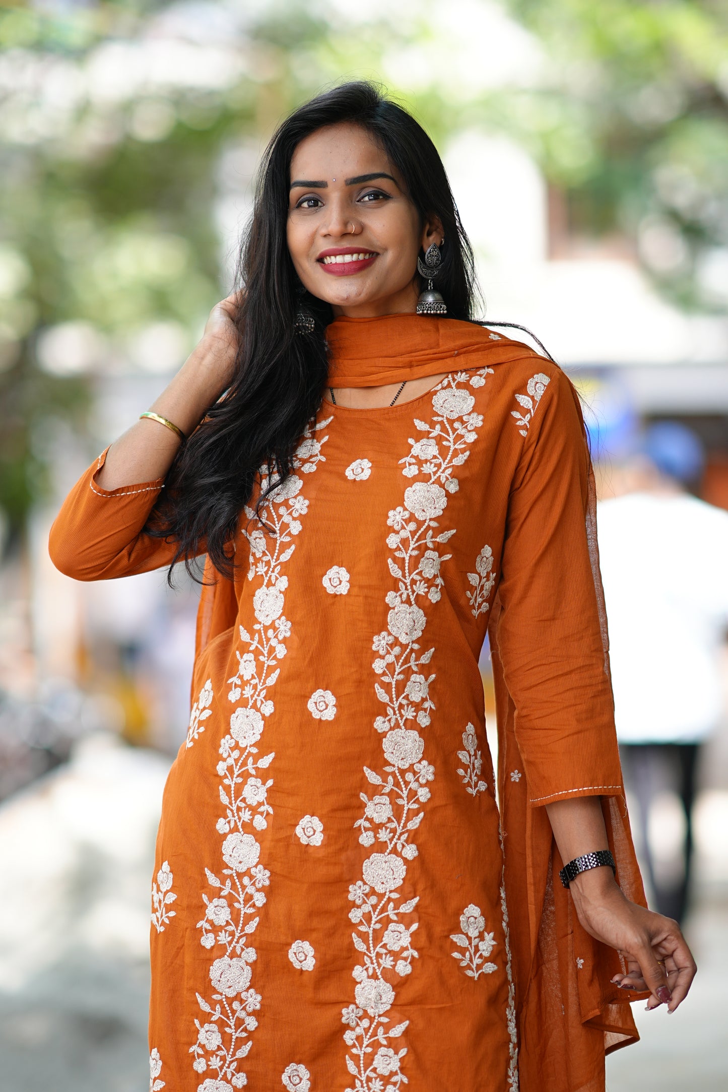 Rust Orange Mul Cotton 3 Piece Set With Full Thread Work