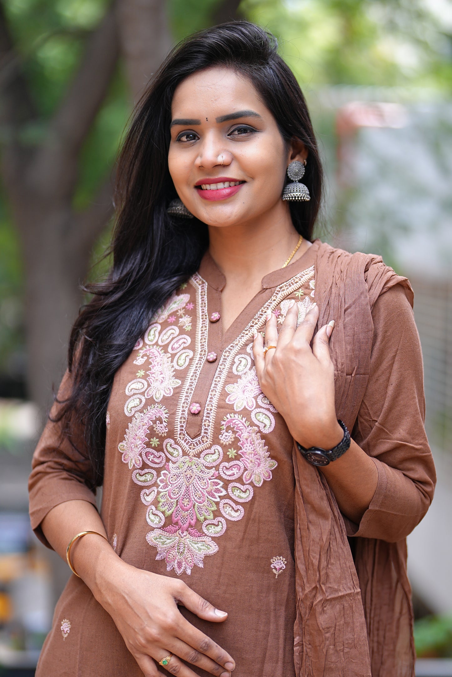 Brown Color Jaipur Cotton 3 Piece Set With Thread Embroidary Work
