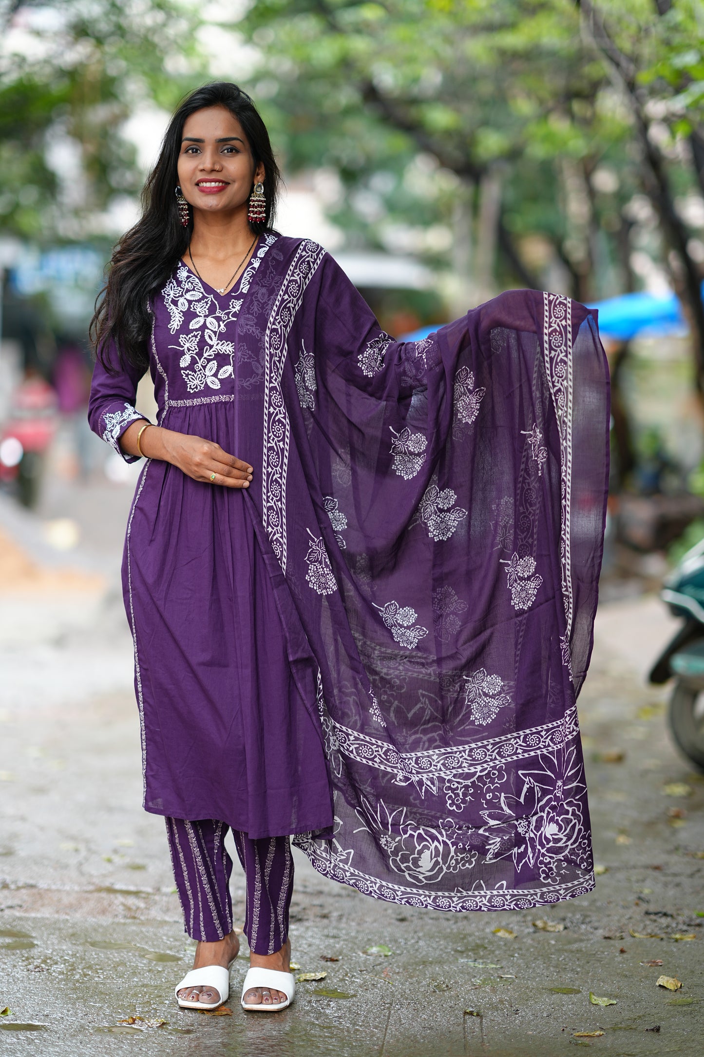 Purple Color Jaipur Cotton Thread Embriodary 3 Piece Set