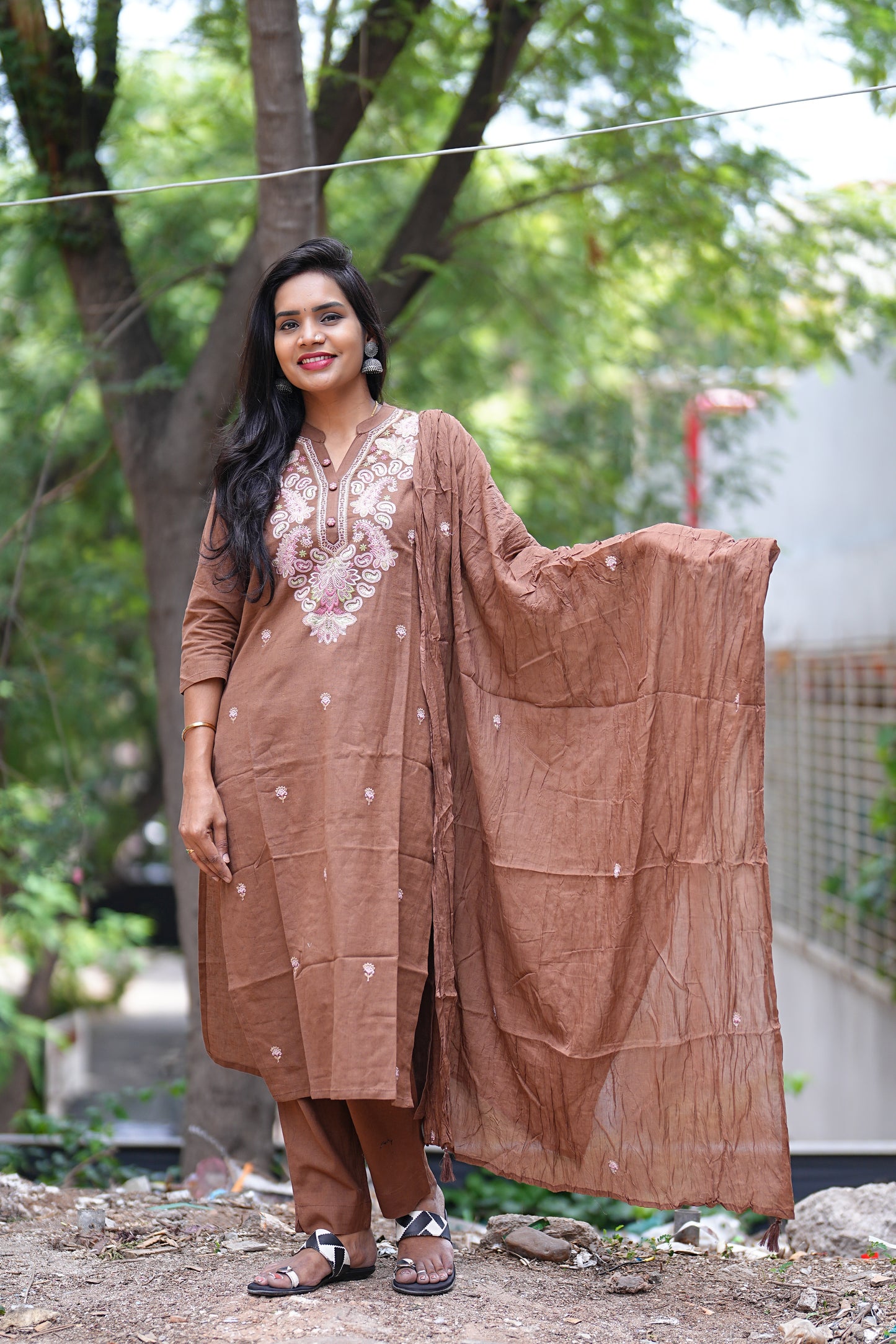 Brown Color Jaipur Cotton 3 Piece Set With Thread Embroidary Work