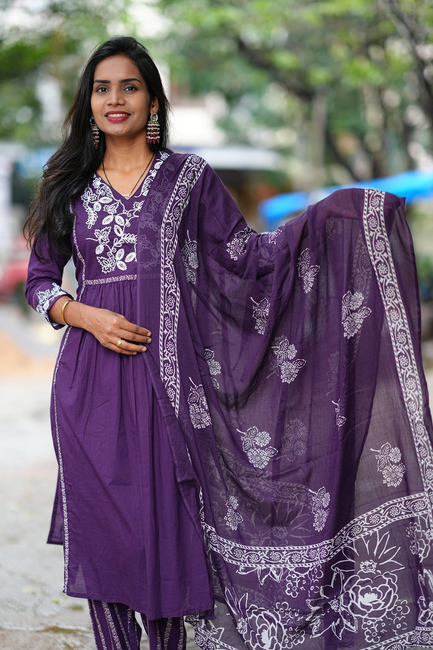 Purple Color Jaipur Cotton Thread Embriodary 3 Piece Set