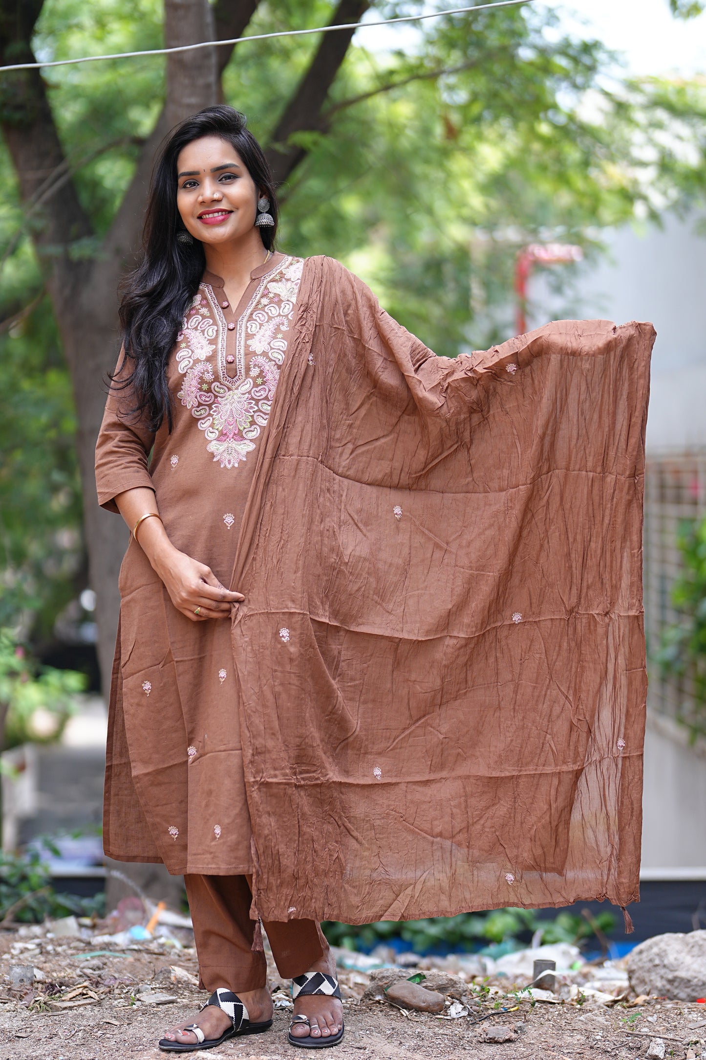 Brown Color Jaipur Cotton 3 Piece Set With Thread Embroidary Work