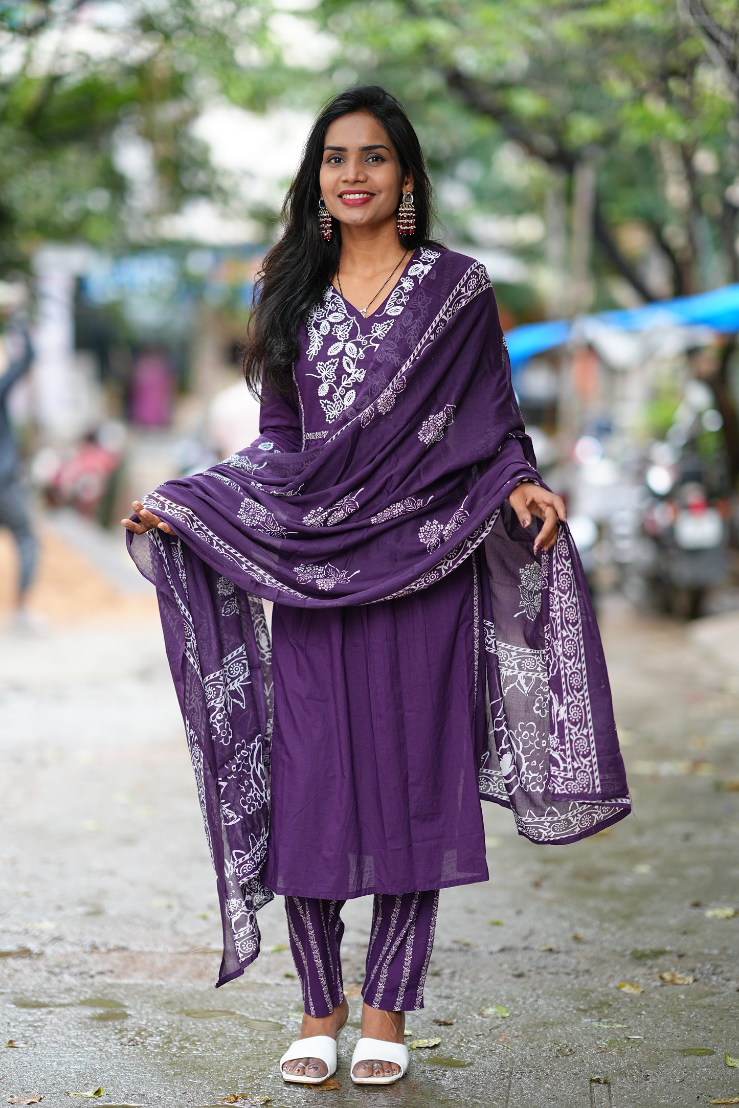 Purple Color Jaipur Cotton Thread Embriodary 3 Piece Set