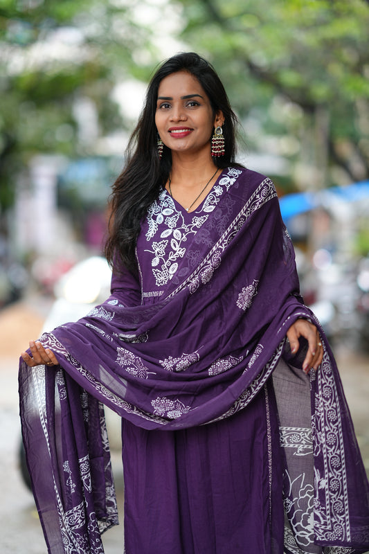 Purple Color Jaipur Cotton Thread Embriodary 3 Piece Set