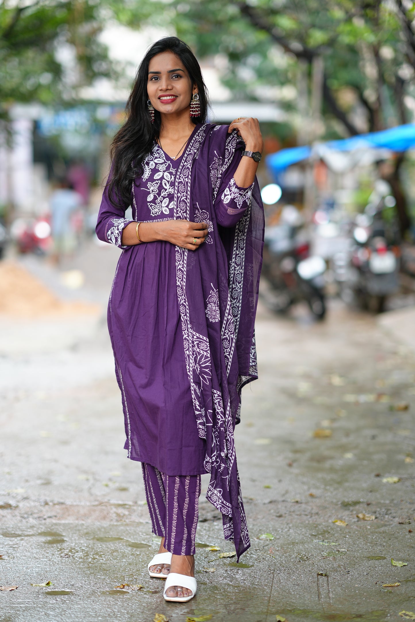 Purple Color Jaipur Cotton Thread Embriodary 3 Piece Set