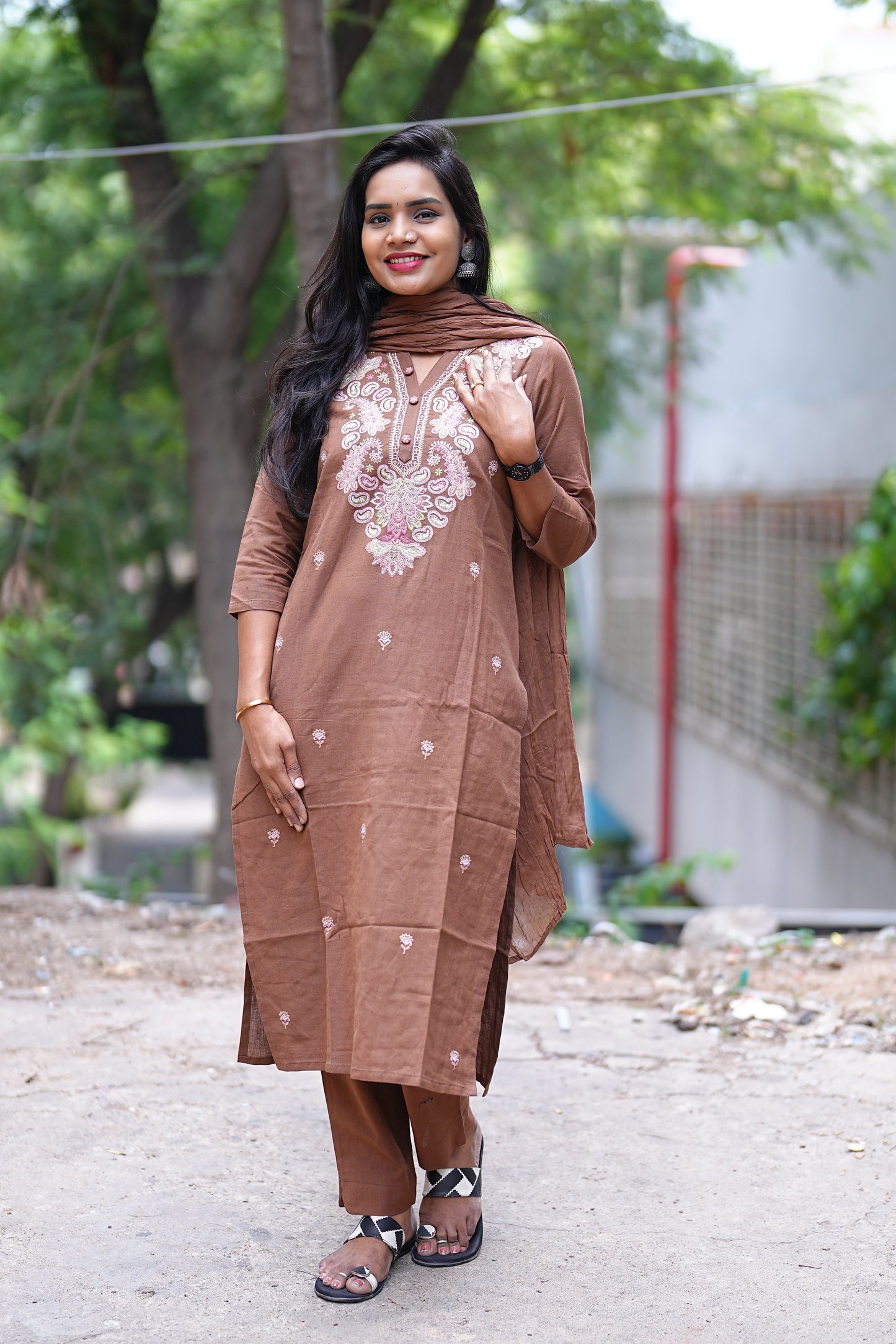Brown Color Jaipur Cotton 3 Piece Set With Thread Embroidary Work