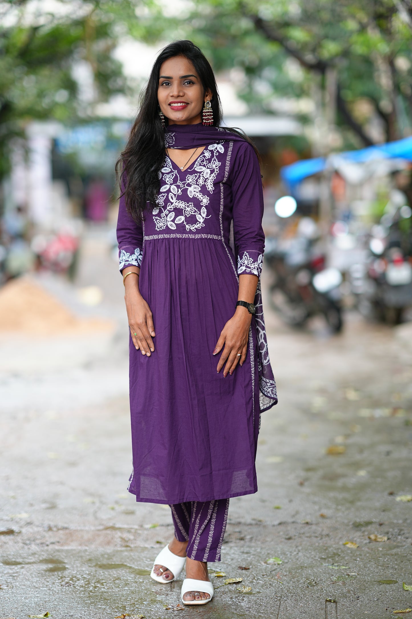 Purple Color Jaipur Cotton Thread Embriodary 3 Piece Set