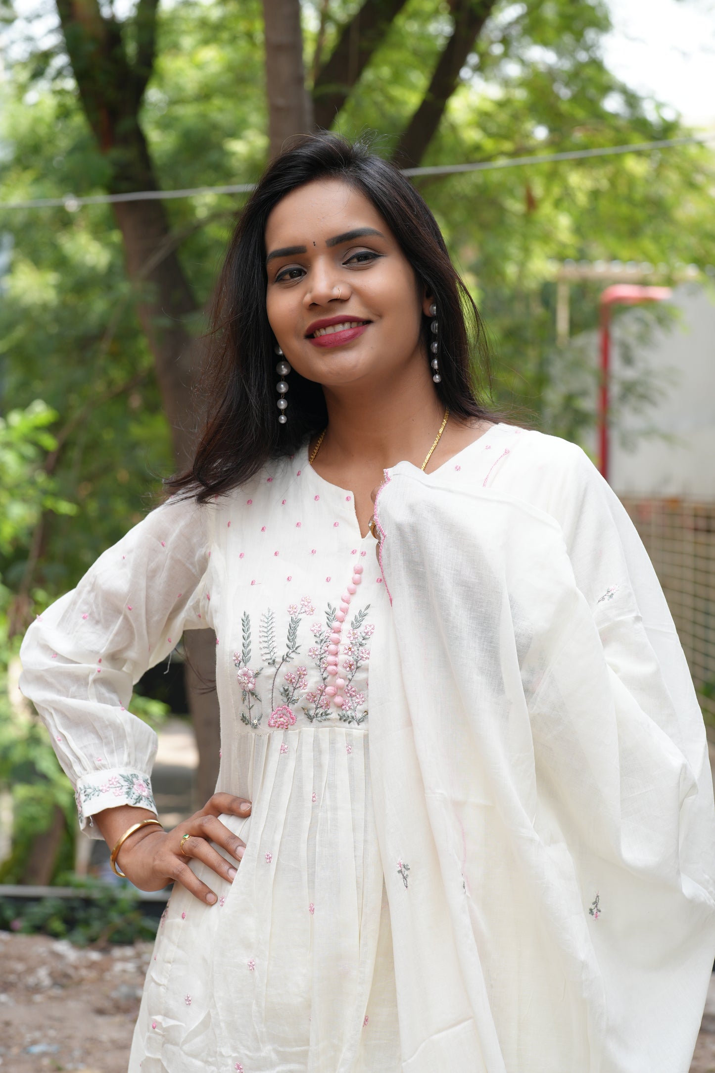 White Color Mul Mul Cotton Anarkali 3 Piece Set With Complete Lining