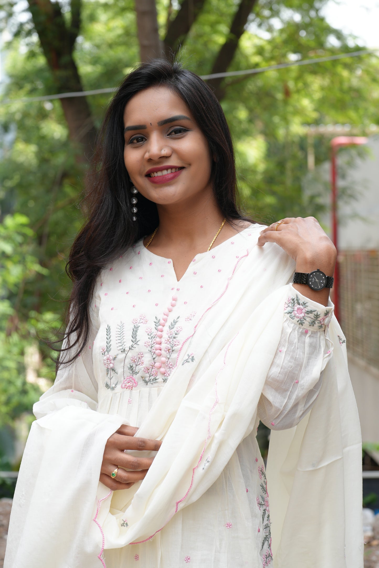 White Color Mul Mul Cotton Anarkali 3 Piece Set With Complete Lining