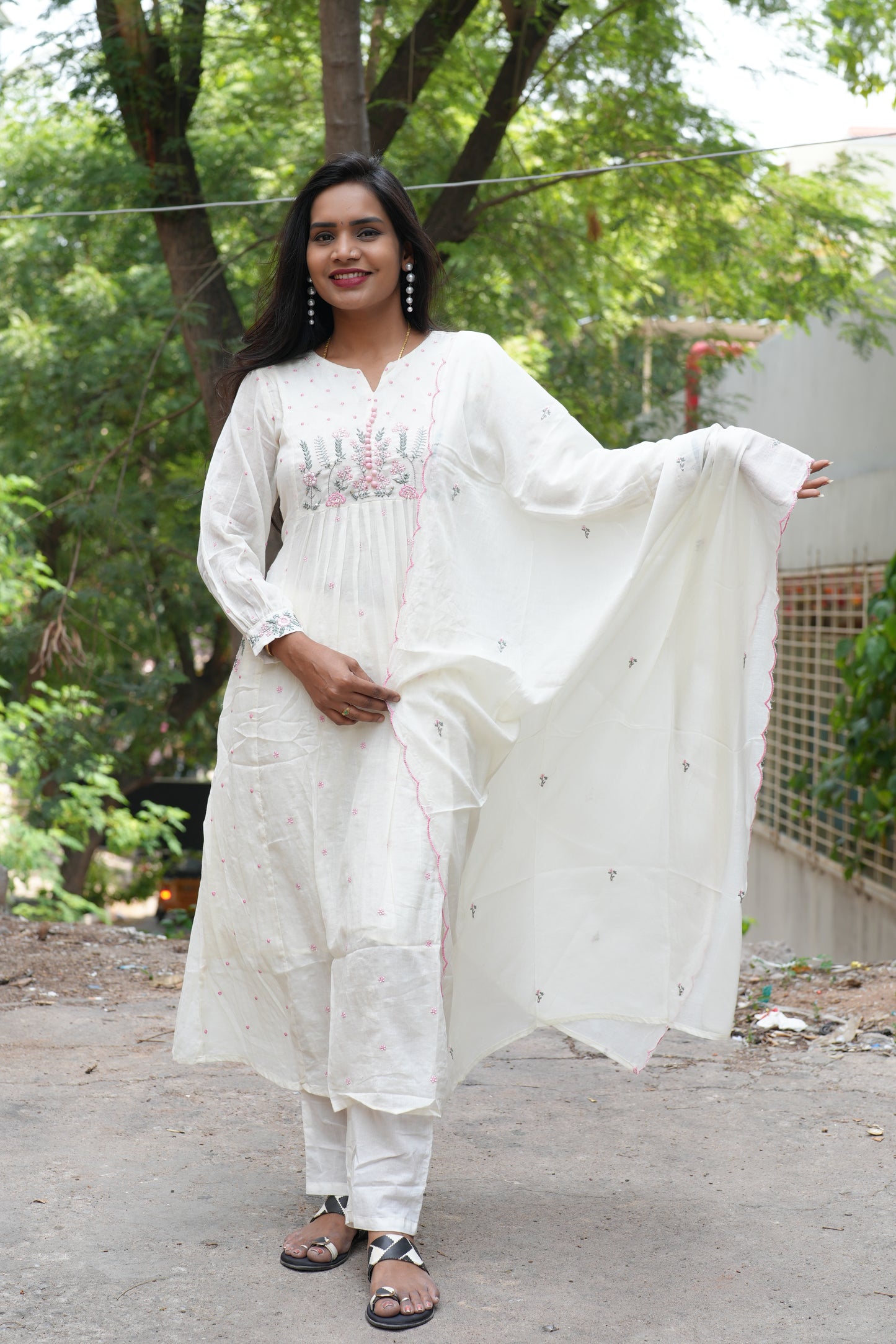 White Color Mul Mul Cotton Anarkali 3 Piece Set With Complete Lining