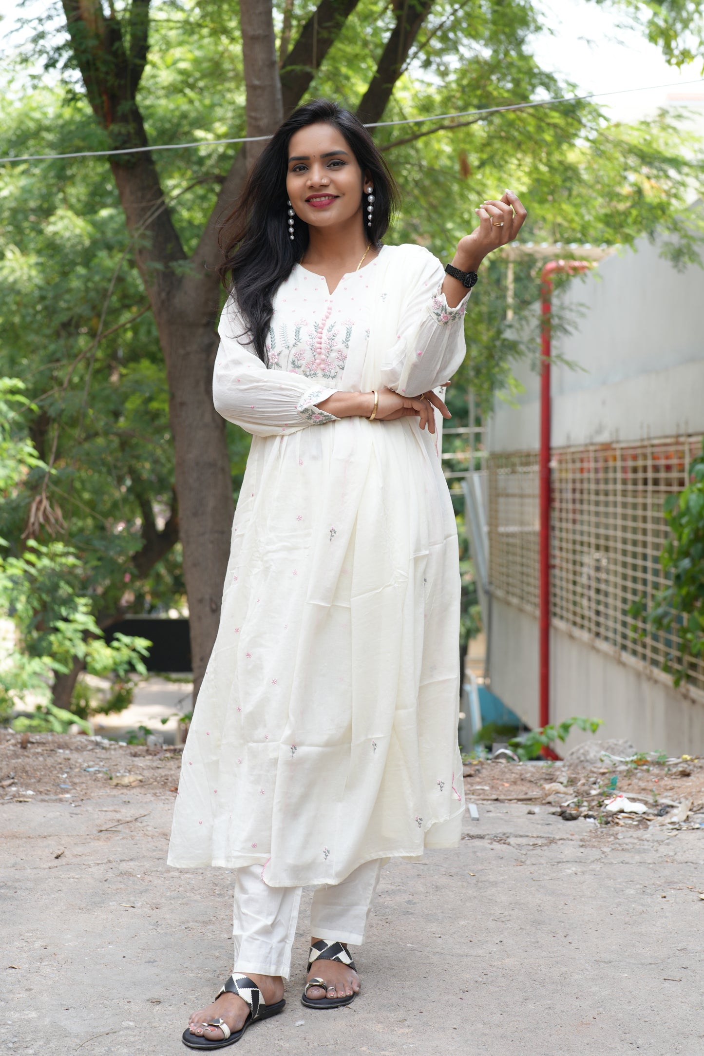 White Color Mul Mul Cotton Anarkali 3 Piece Set With Complete Lining