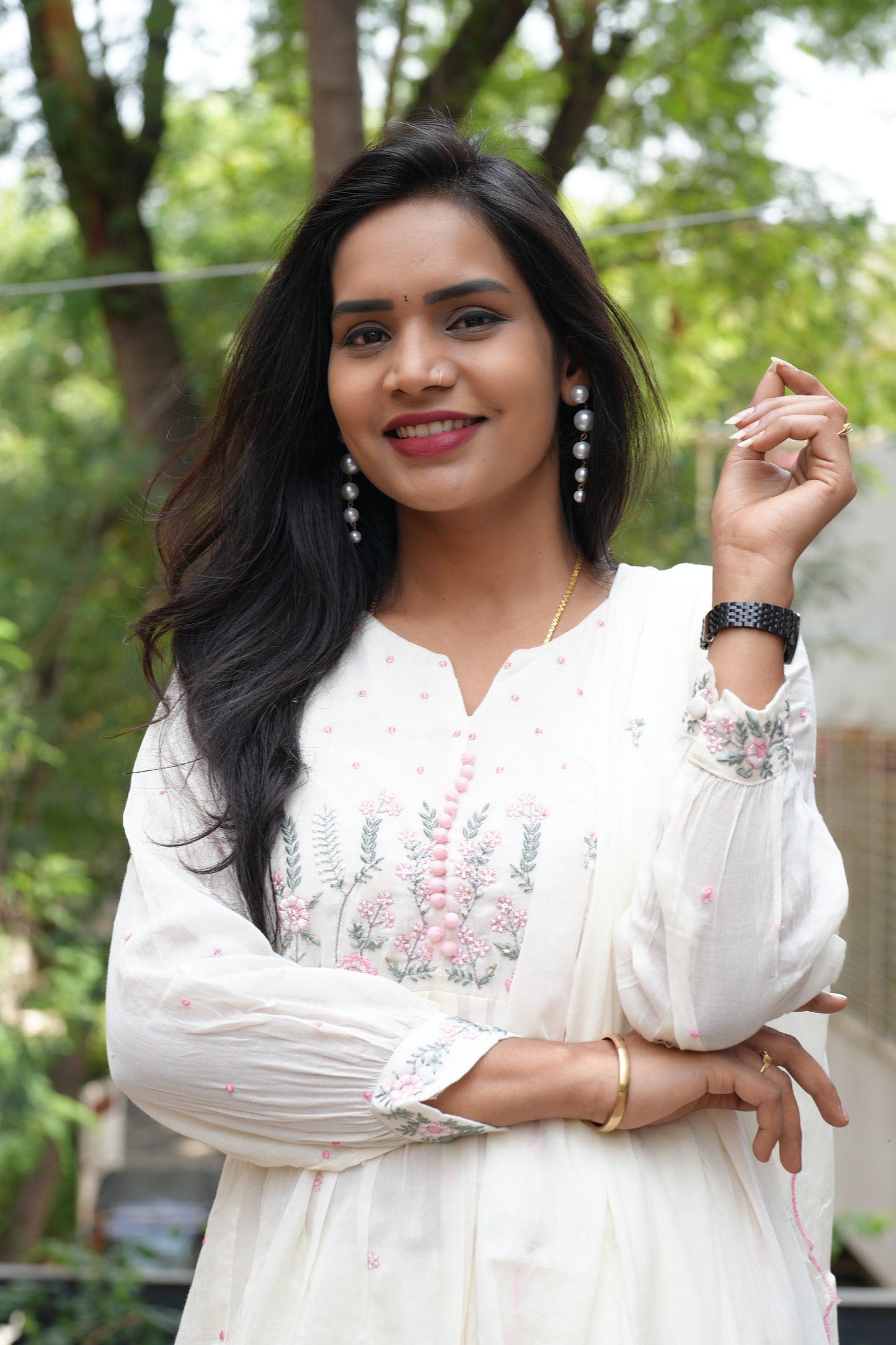 White Color Mul Mul Cotton Anarkali 3 Piece Set With Complete Lining