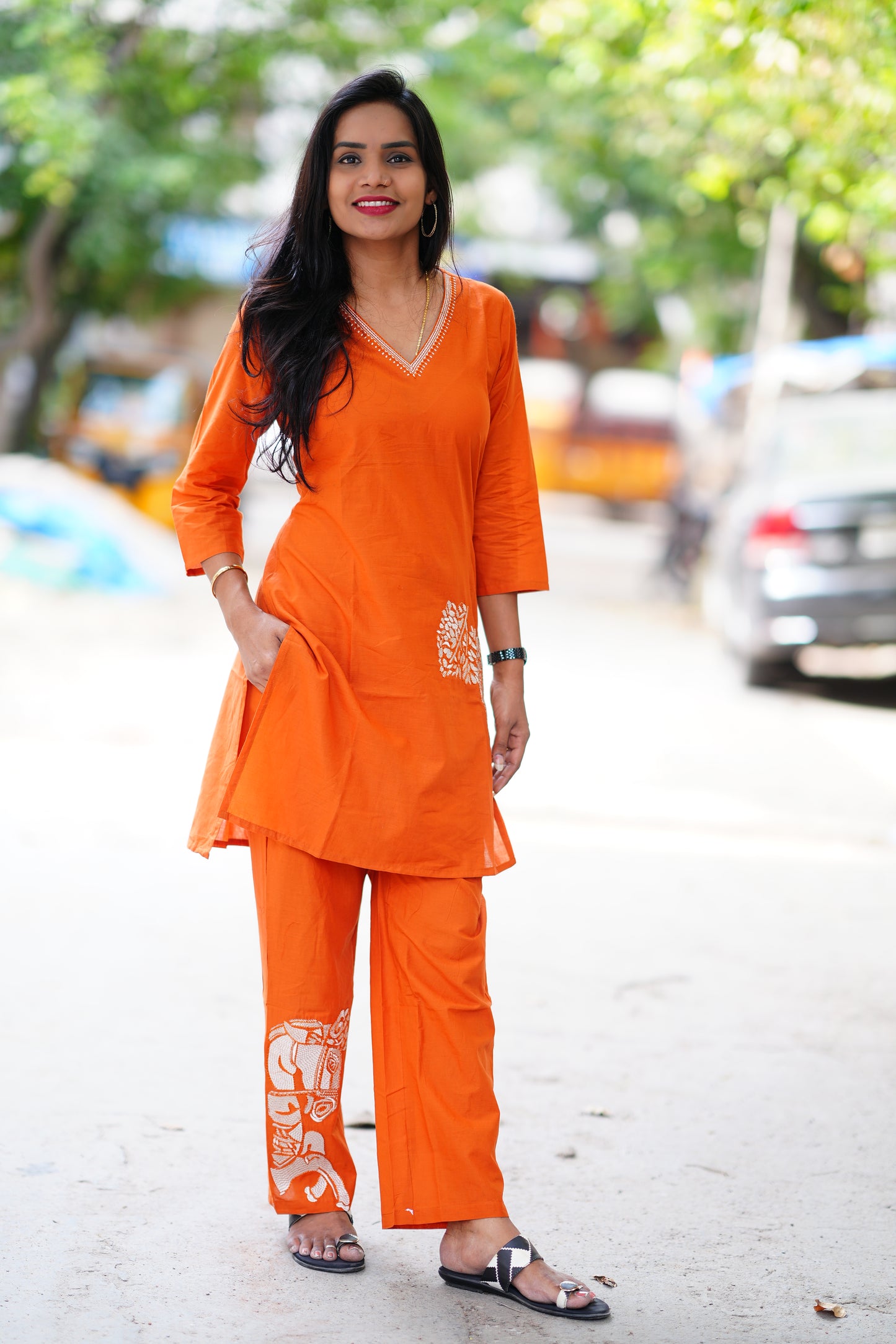 Orange Cord Set With Elephant Thread Embroidary Work