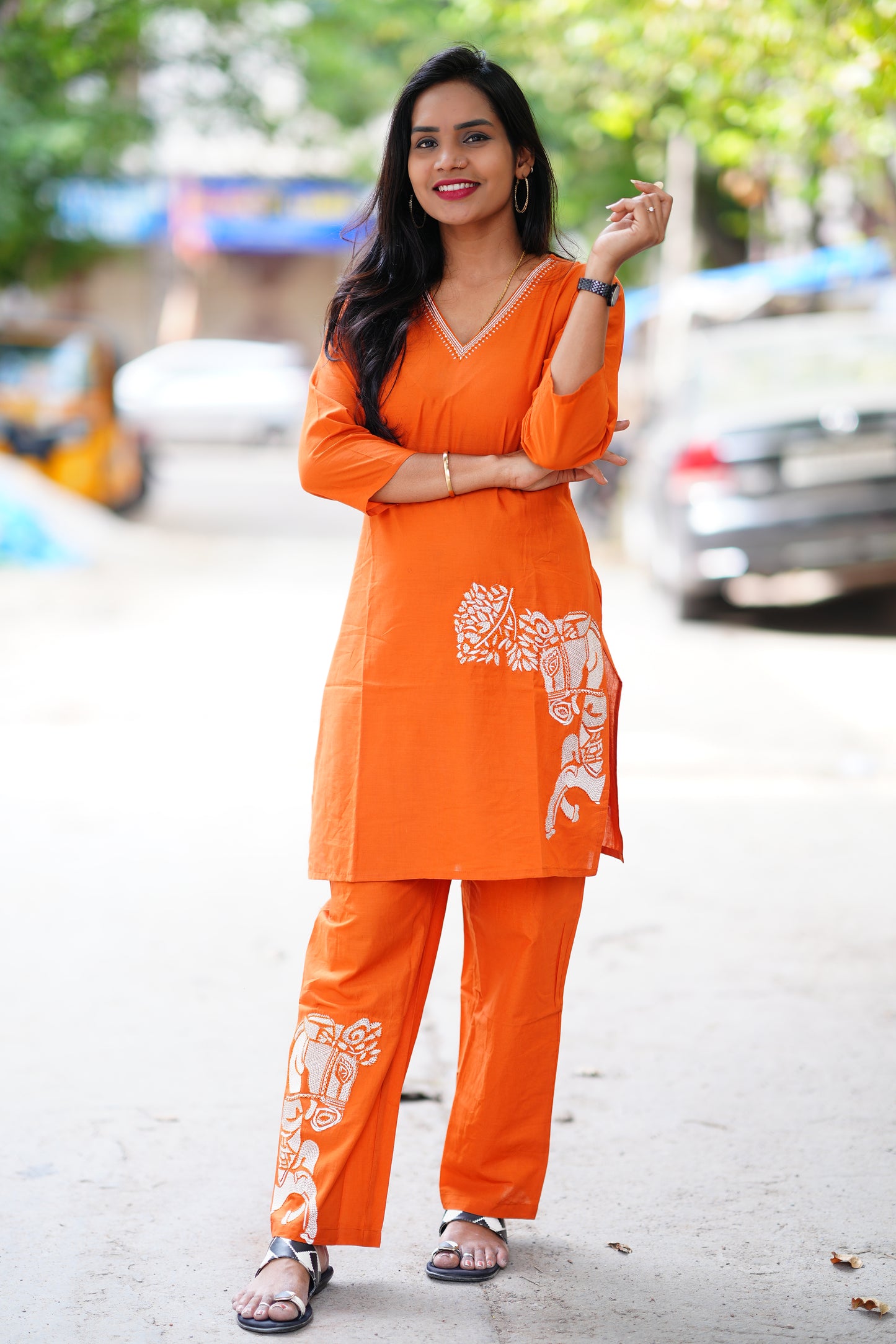 Orange Cord Set With Elephant Thread Embroidary Work