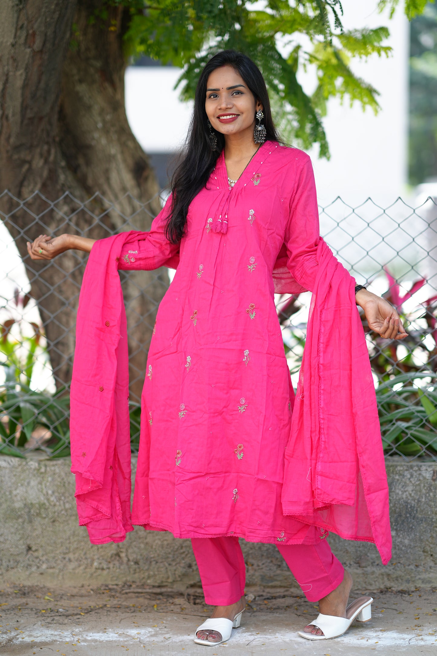 Pink Color Pure Mul Mul Cotton 3 piece set With Complete Lining