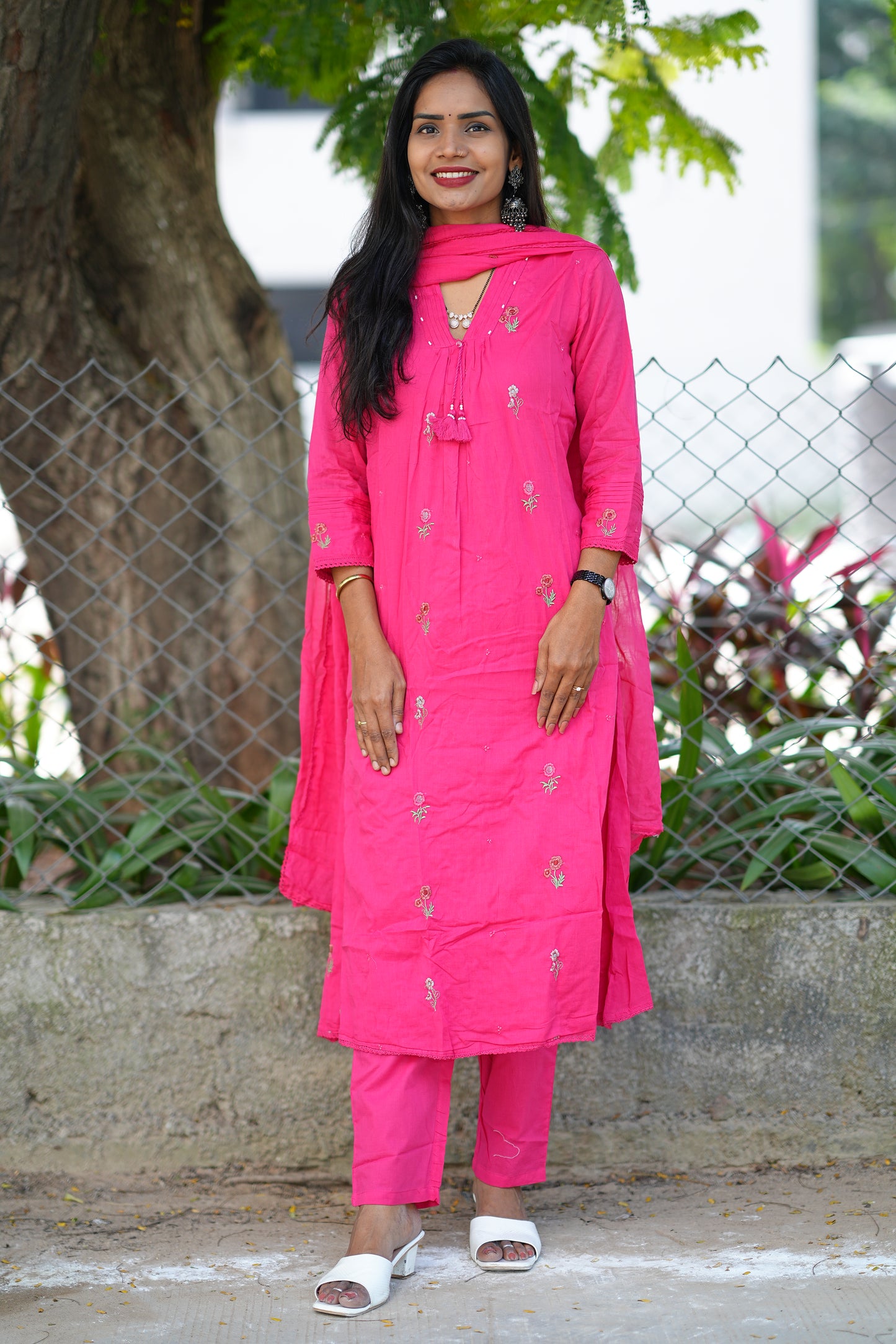 Pink Color Pure Mul Mul Cotton 3 piece set With Complete Lining