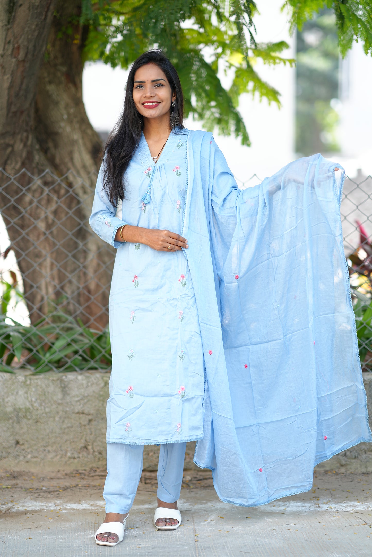 Sky Blue Color Pure Mull Cotton 3 piece set With Complete Lining