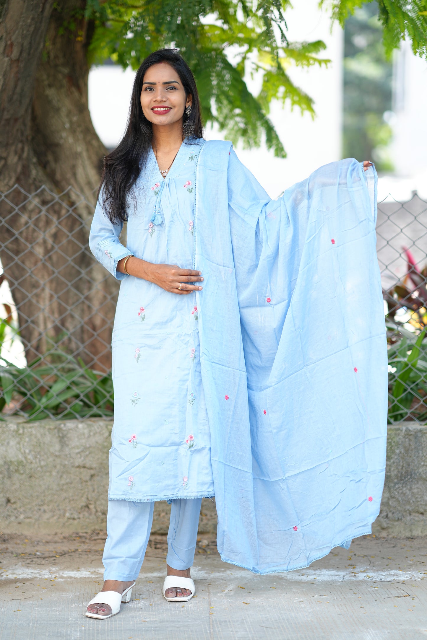 Sky Blue Color Pure Mull Cotton 3 piece set With Complete Lining