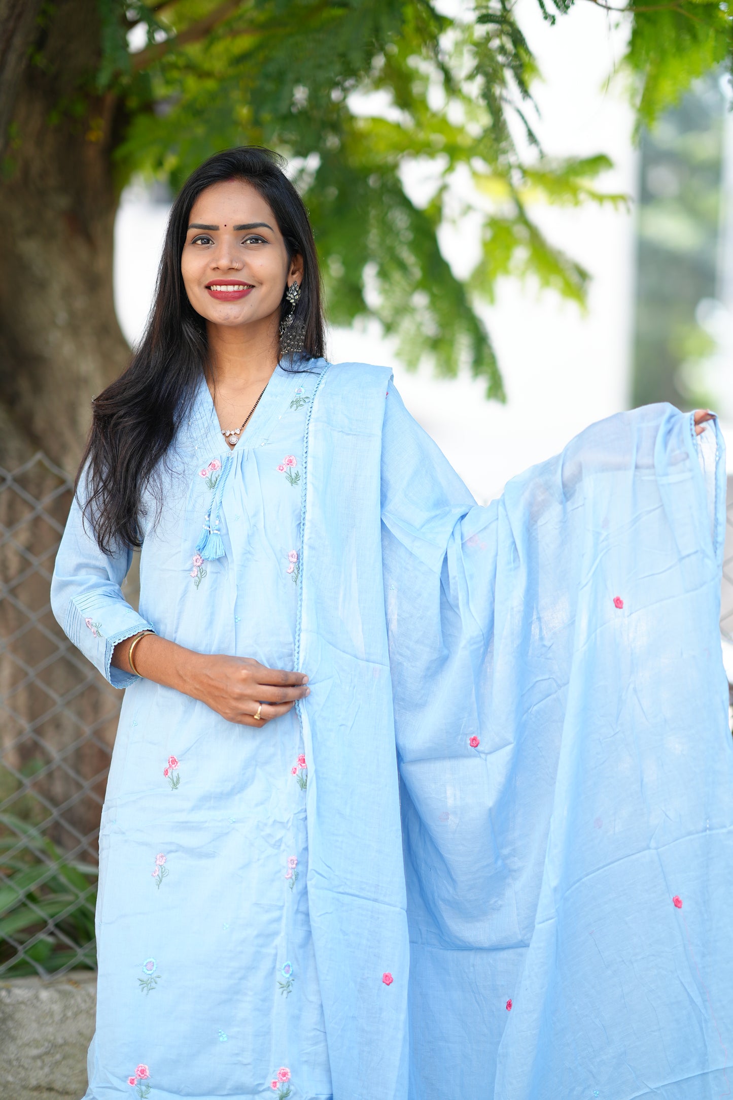 Sky Blue Color Pure Mull Cotton 3 piece set With Complete Lining