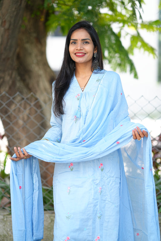 Sky Blue Color Pure Mull Cotton 3 piece set With Complete Lining