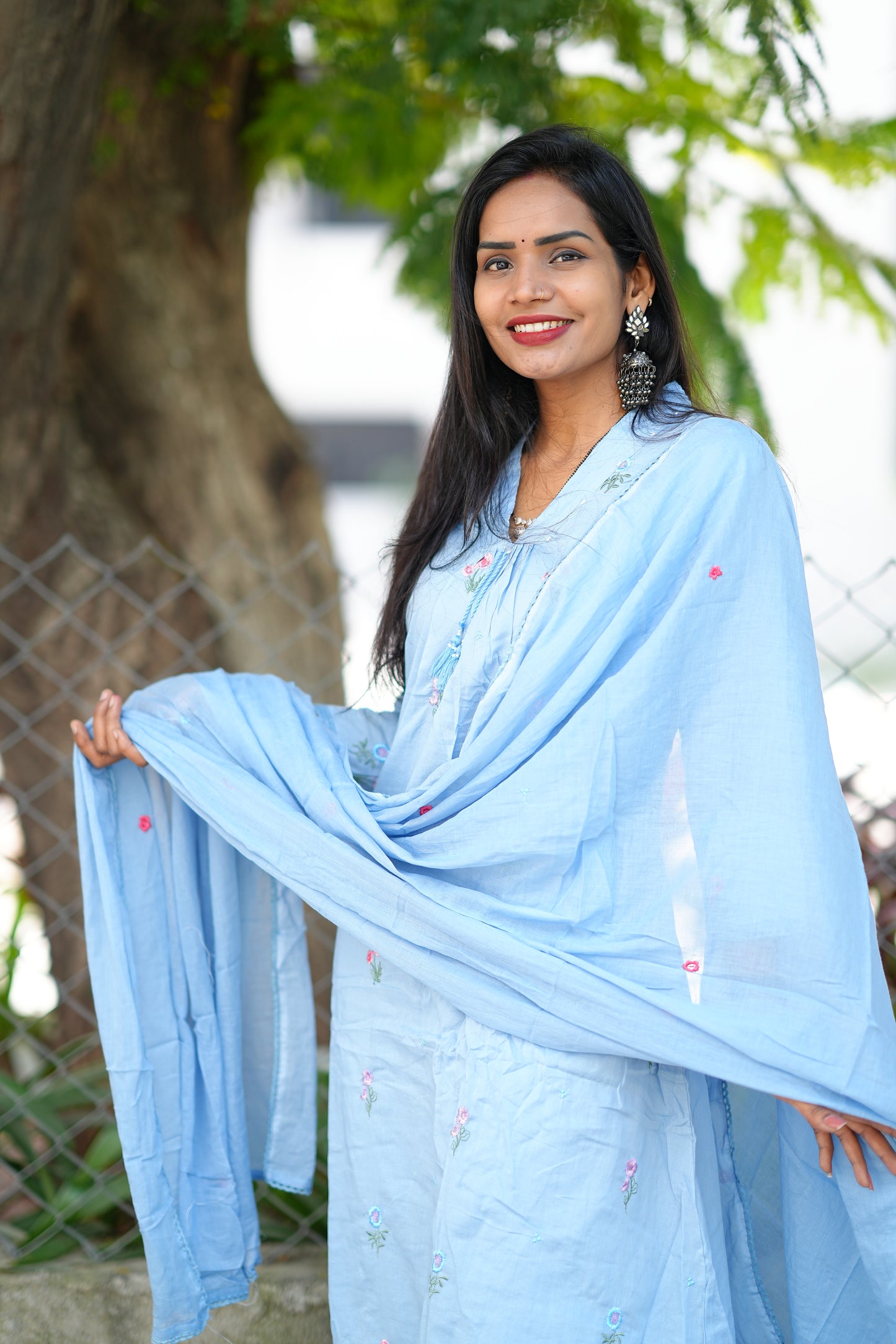 Sky Blue Color Pure Mull Cotton 3 piece set With Complete Lining